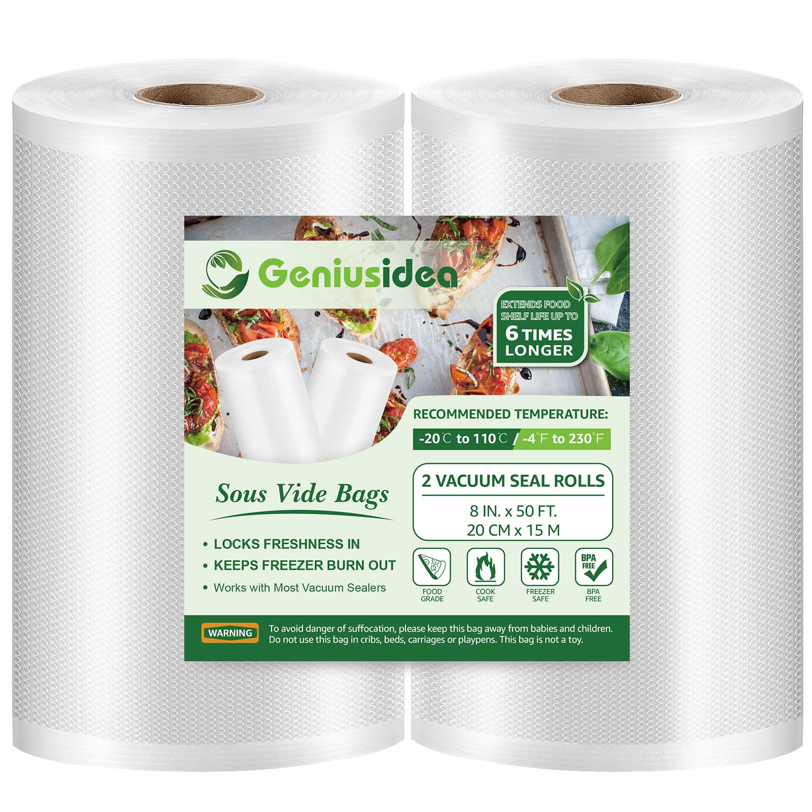 8''x50' Vacuum Sealer Bags for Food Saver (2 Pack), Commercial Grade Sealer Saver Rolls for Meal Prep or Sous Vide, BPA Free, Heavy-Duty 🍁 All In One Marketplace Canada