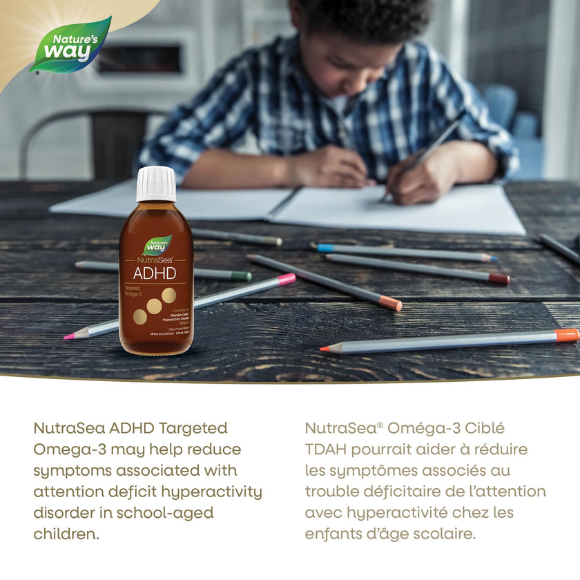 Nature's Way NutraSea ADHD Targeted Omega-3, For kids age 5+, 940 mg of EPA + DHA, 80 mg of GLA, 500 IU Vitamin D3, 200 ml Liquid 🍁 All In One Marketplace Canada