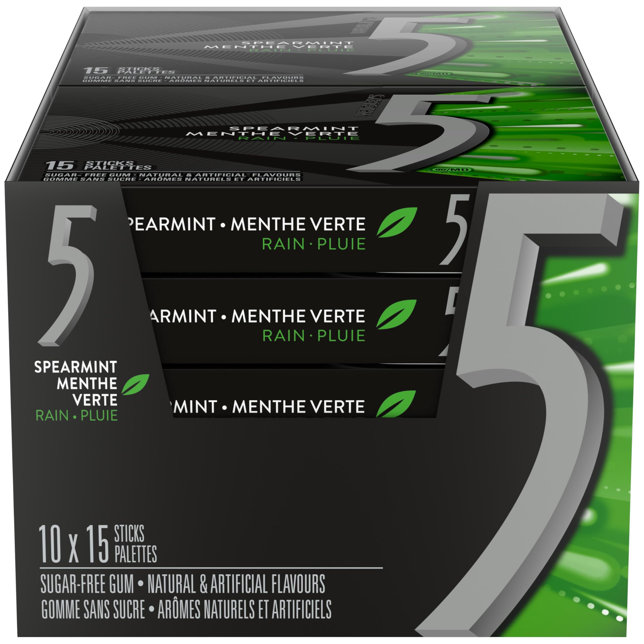 5 GUM, Spearmint-Rain Flavoured Sugar Free Chewing Gum, 15 Sticks, 10 Packs 🍁 All In One Marketplace Canada