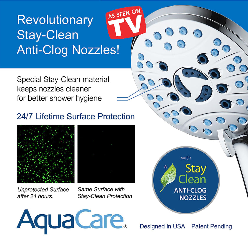 AquaCare High Pressure 8-Mode Handheld Shower Head - Anti-Clog Nozzles, Built-in Power Wash to Clean Tub, Tile & Pets, Extra Long 6 ft. Stainless Steel Hose, Wall & Overhead Brackets 🍁 All In One Marketplace Canada