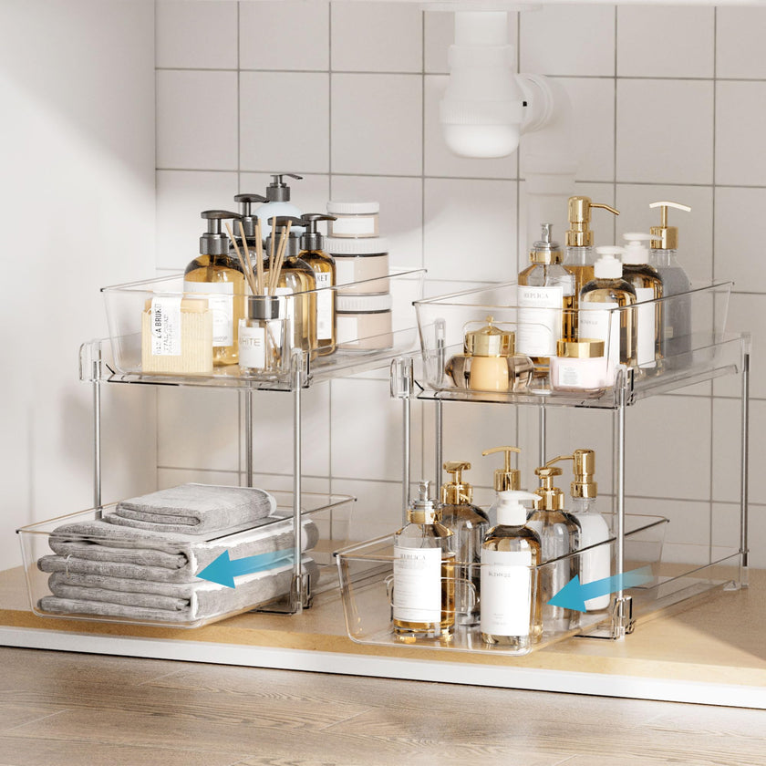 2 Tier Bathroom Organizer, Vtopmart 2 Pack Clear Under Sink Organizers Vanity Counter Storage Container, Medicine Cabinet Drawers Bins, Pull-Out Organization with Track for Pantry, Kitchen 🍁 All In One Marketplace Canada