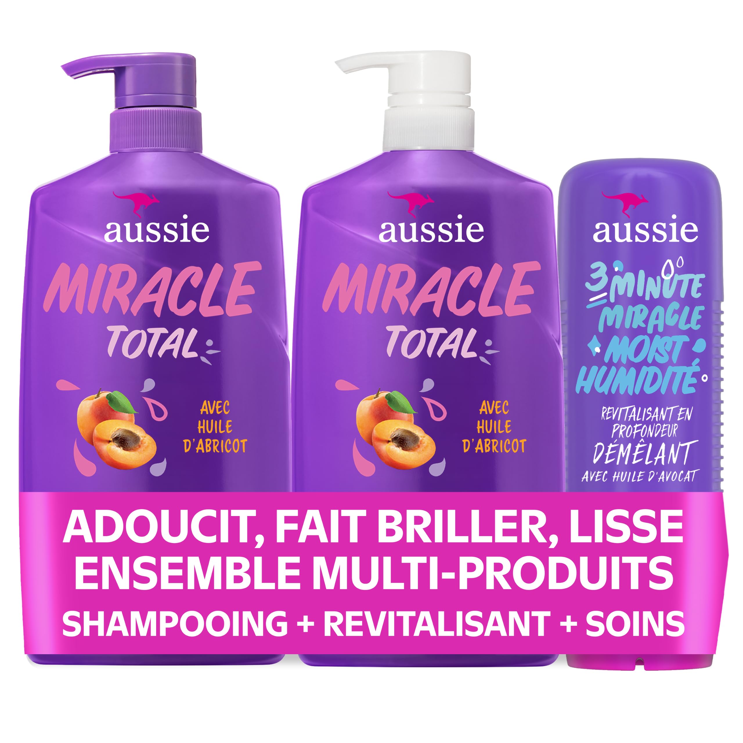 Aussie Total Miracle 3-Piece Set: Shampoo 778 mL, Conditioner 778 mL, 3 Minute Miracle Deep Conditioner Hair Treatment 236 mL, Infused with Apricot and Australian Macadamia Oil, 1.79 L Total 🍁 All In One Marketplace Canada