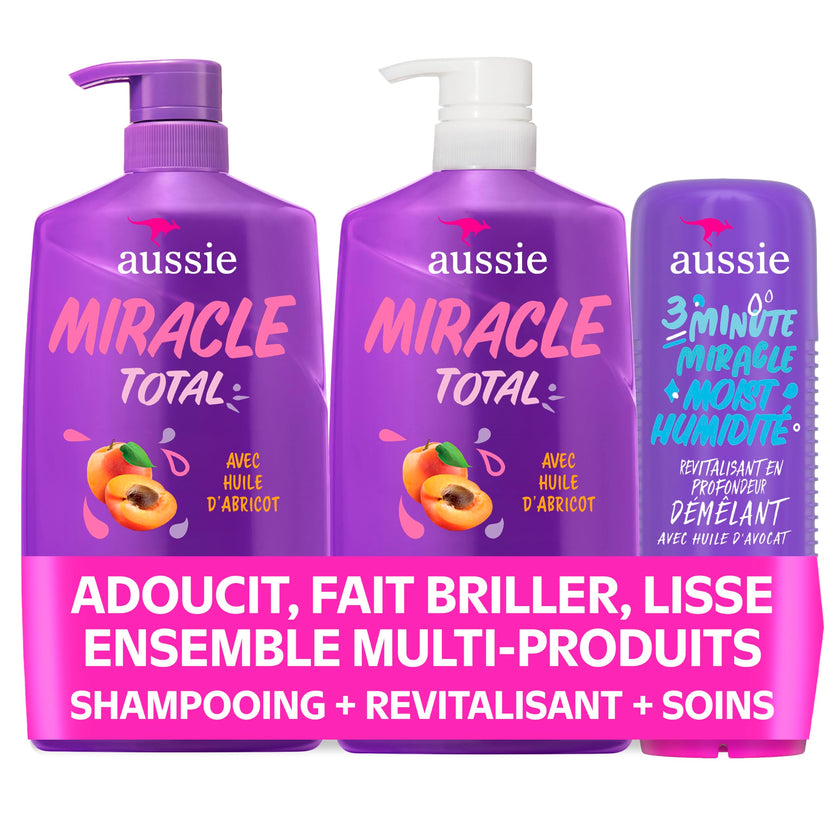Aussie Total Miracle 3-Piece Set: Shampoo 778 mL, Conditioner 778 mL, 3 Minute Miracle Deep Conditioner Hair Treatment 236 mL, Infused with Apricot and Australian Macadamia Oil, 1.79 L Total 🍁 All In One Marketplace Canada