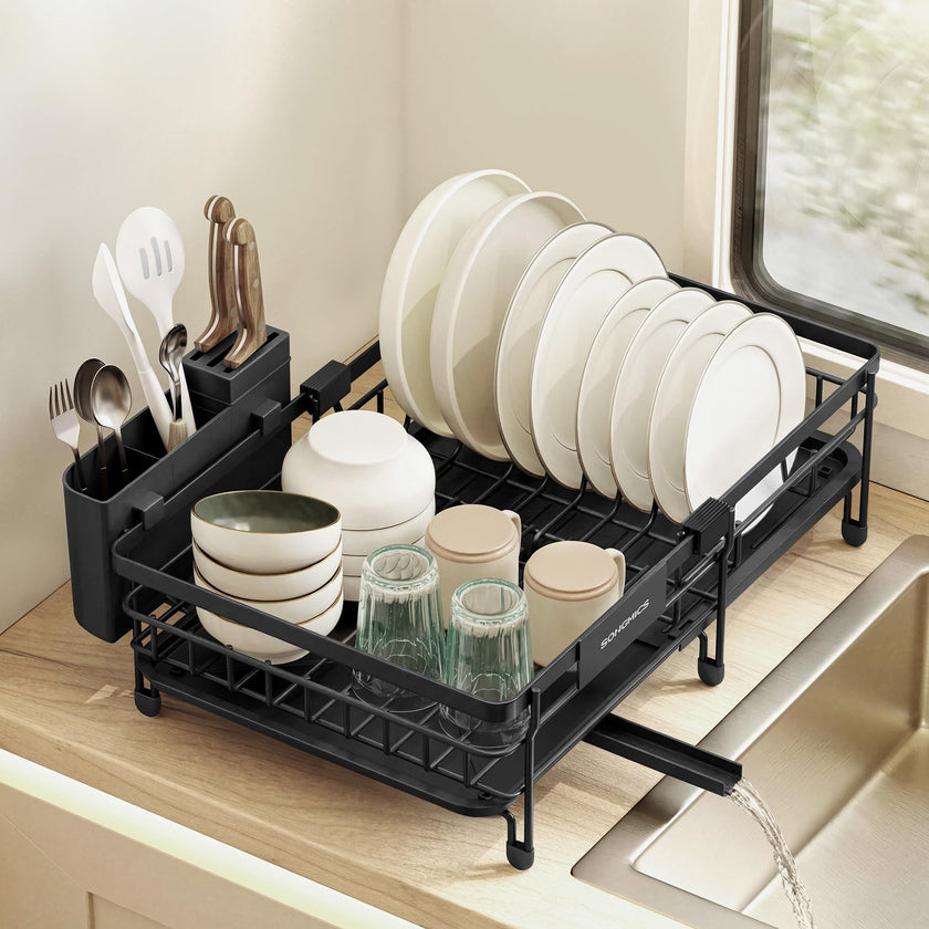 SONGMICS Dish Drainer Rack, Large Extendable Draining Board Rack for Small Spaces, 360° Rotating Extendable Spout, Kitchen Sink Drainer, Steel, 46.5 x 29.6 x 14 cm, Ink Black KCS556BH01 🍁 All In One Marketplace Canada