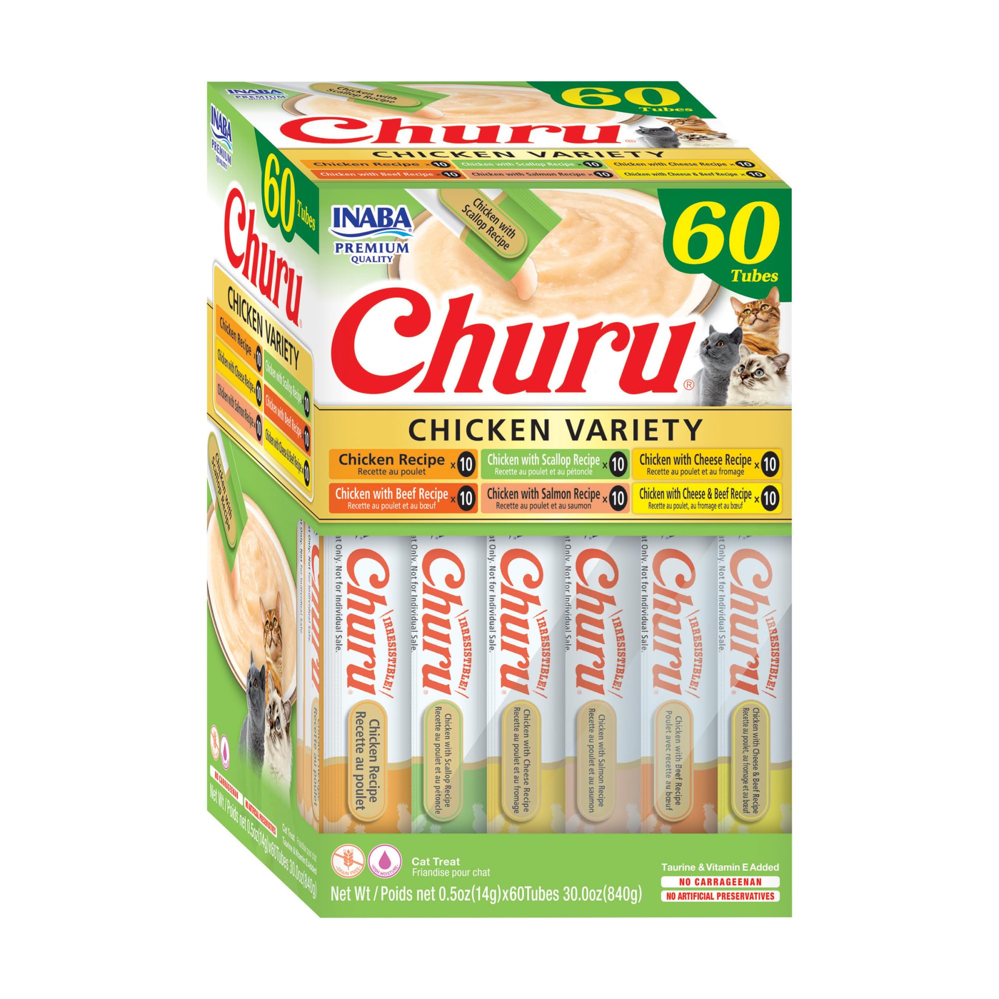 INABA Churu Cat Treats, Lickable, Squeezable Creamy Purée Cat Treat with Green Tea Extract & Taurine, 14 Grams Each Tube, 60 Tubes, Chicken Variety Box 🍁 All In One Marketplace Canada