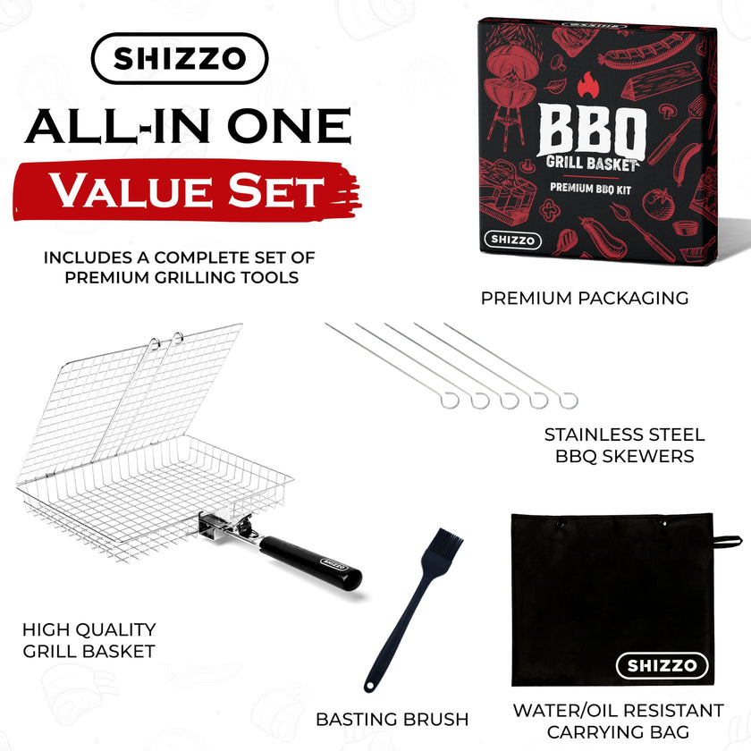SHIZZO Grill Basket Value Set, Barbecue BBQ Grilling Basket , Stainless Steel Large Folding Grilling baskets With Handle, Portable Outdoor Camping BBQ Rack for Fish, Shrimp, Vegetables, Barbeque Griller Cooking Accessories, Gift, Gifts for father, dad, hu
