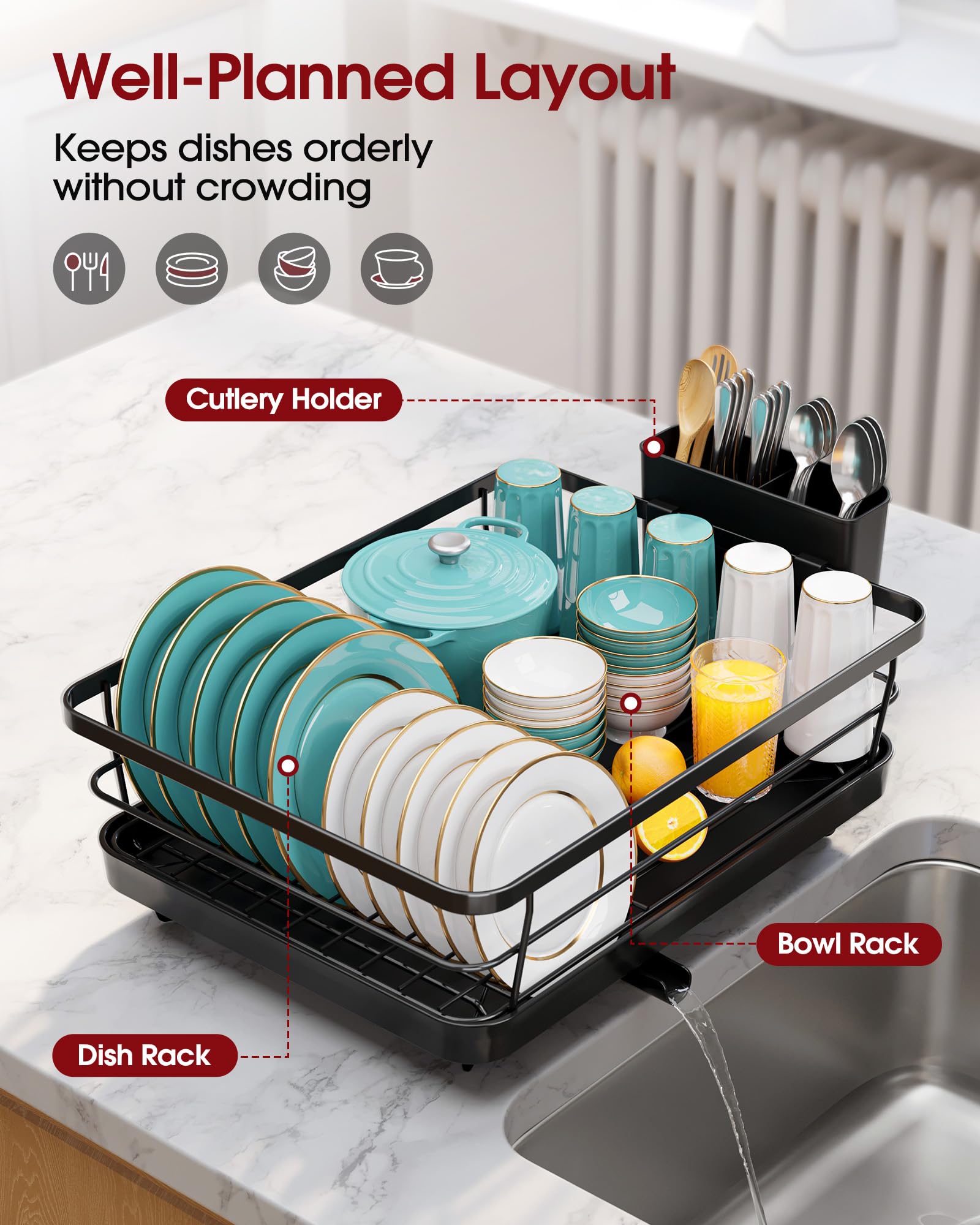Sakugi Dish Drying Rack - Compact Dish Racks with Drain Board for Kitchen Counter, Durable Stainless Steel Dish Rack Used in Sink & on Countertop, Dark Black, Large 🍁 All In One Marketplace Canada