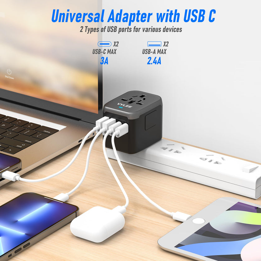 VYLEE Universal International Power Travel Plug Adapter, 5 in 1 European Travel Plug Adapter W/ 3.5A 2xUSB-A and 2xUSB C Wall Charger and Worldwide AC Outlet for Europe USA UK AUS Asia (Black Grey) 🍁 All In One Marketplace Canada