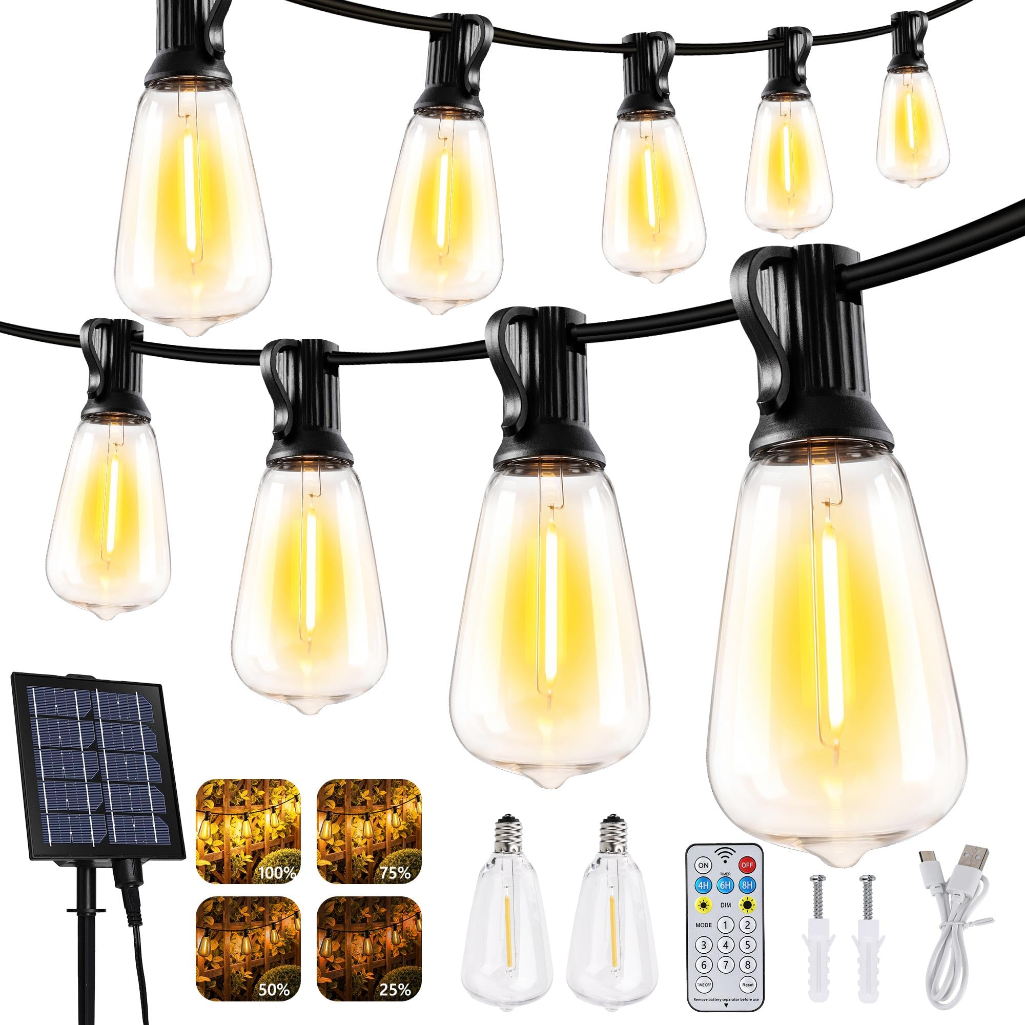 Lomotech Solar String Lights Outdoor Waterproof, 50FT 17+2 LED Shatterproof ST38 Bulbs, Solar String Lights with Remote & Timer, USB & Solar Powered Patio Lights for Outside Backyard Garden Porch 🍁 All In One Marketplace Canada