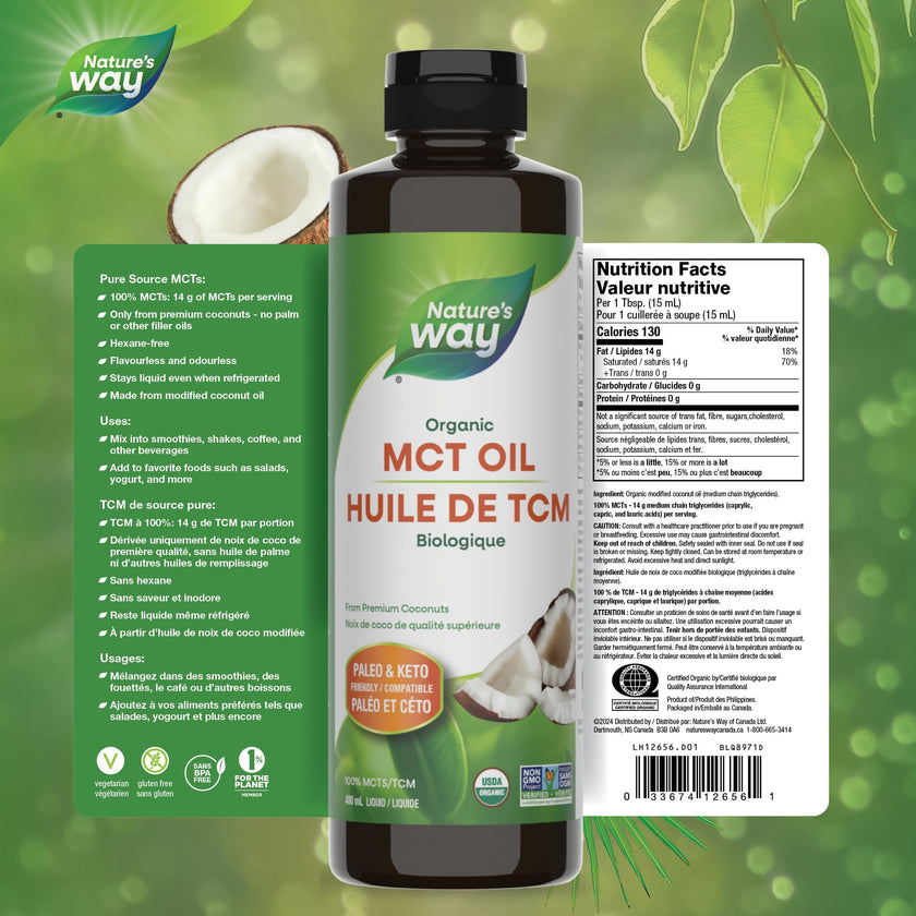 Nature's Way 100% Pure MCT Oil – Organic Coconut-Derived Medium Chain Triglycerides – No Palm or Filler Oils – Keto & Paleo Friendly – Non-GMO, Vegetarian, Gluten-Free, Flavourless – 480 mL 🍁 All In One Marketplace Canada