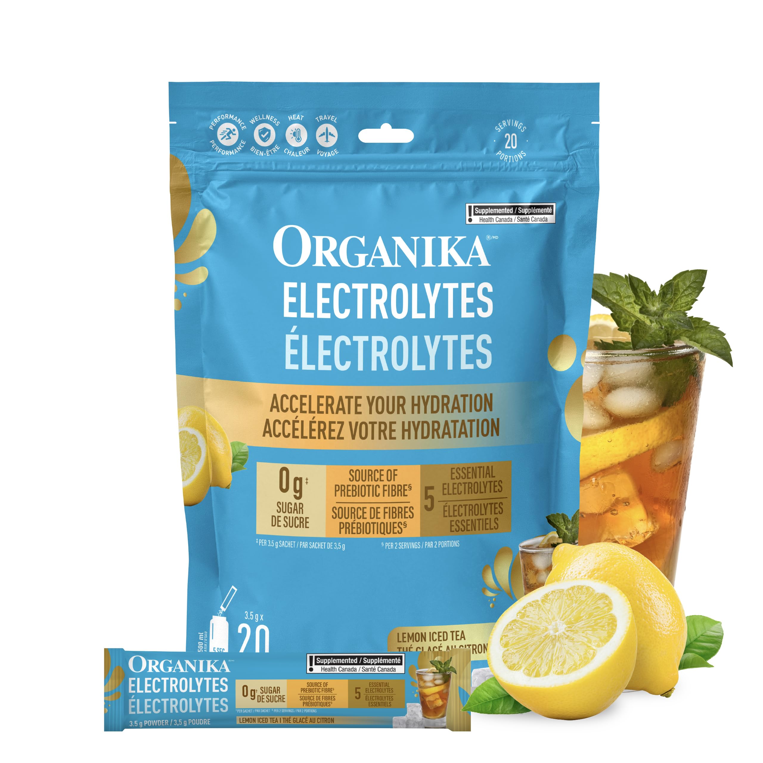 Organika Canadian-Made Electrolytes Powder with Vitamin C & Prebiotic Fibre - Sugar-Free Hydration Drink Mix - Lemon Iced Tea - 20 Single-Serve Sachets x 3.5g 🍁 All In One Marketplace Canada