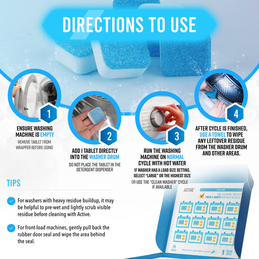 Washing Machine Cleaner Descaler 24 Pack - Deep Cleaning Tablets For HE Front Loader & Top Load Washer, Septic Safe Eco-Friendly Deodorizer, Clean Inside Drum and Laundry Tub Seal - 12 Month Supply 🍁 All In One Marketplace Canada