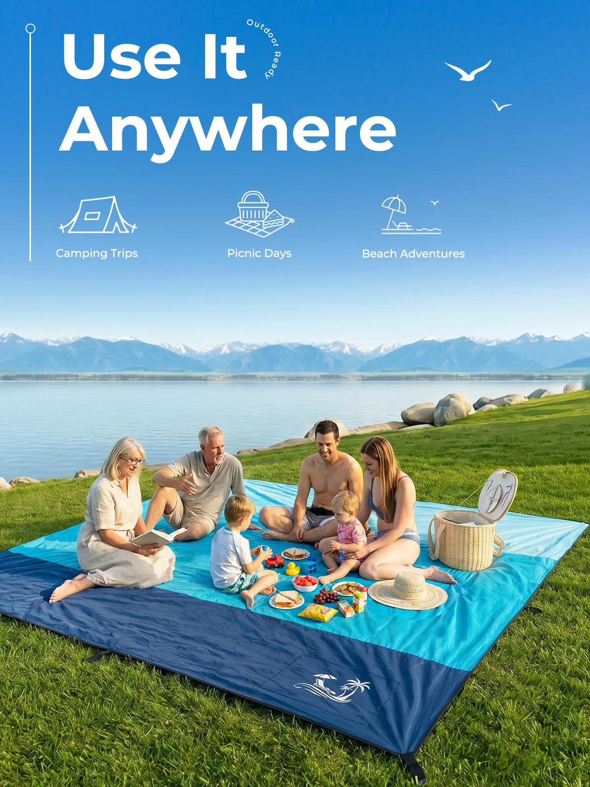 SOLNERY Large Beach Blanket Sand Proof Water Resistant, Beach Mat Sand Free Waterproof, Windproof, Stylish & Skin-Friendly, 8.2 x 6.8 ft, Fits 1–8 People, for Seaside, Picnic & Outdoor(Ocean Blue) 🍁 All In One Marketplace Canada