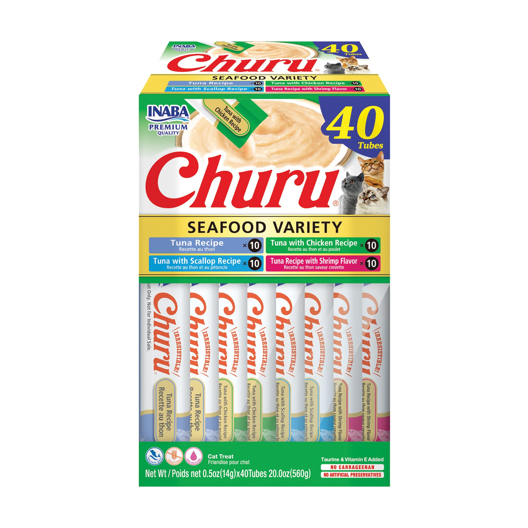 INABA Churu Cat Treats, Lickable, Squeezable Creamy Purée Cat Treat with Green Tea Extract & Taurine, 14 Grams Each Tube, 40 Tubes, Tuna & Seafood Variety Box 🍁 All In One Marketplace Canada