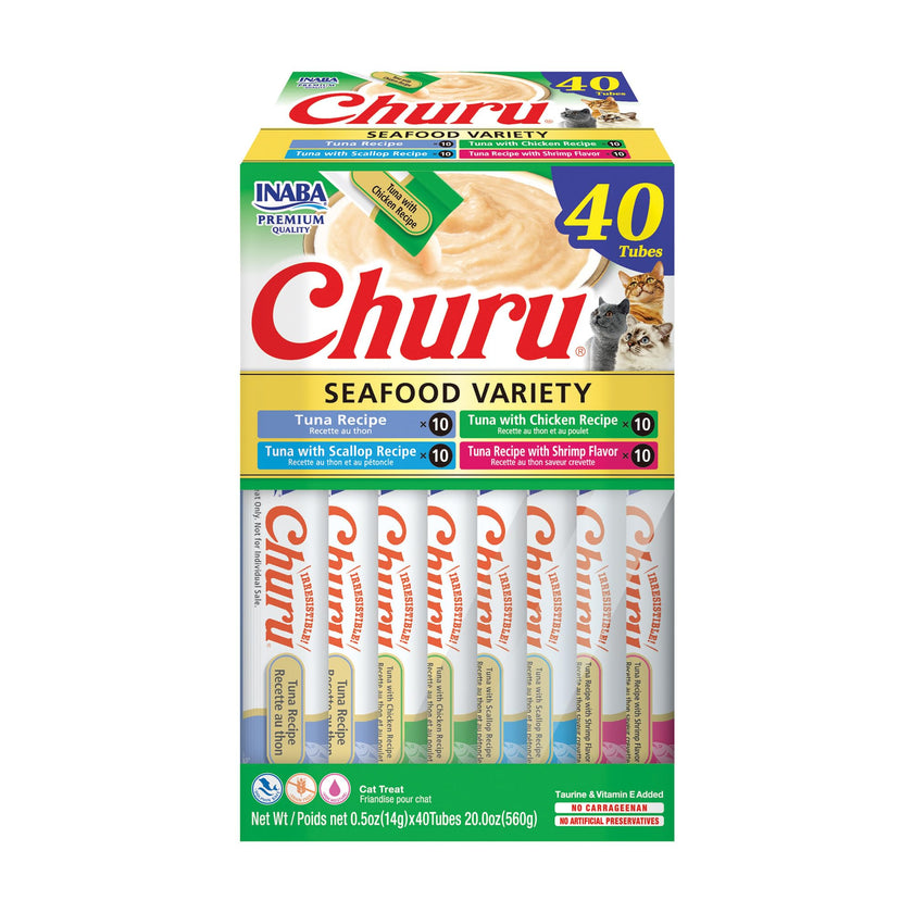 INABA Churu Cat Treats, Lickable, Squeezable Creamy Purée Cat Treat with Green Tea Extract & Taurine, 14 Grams Each Tube, 40 Tubes, Tuna & Seafood Variety Box 🍁 All In One Marketplace Canada