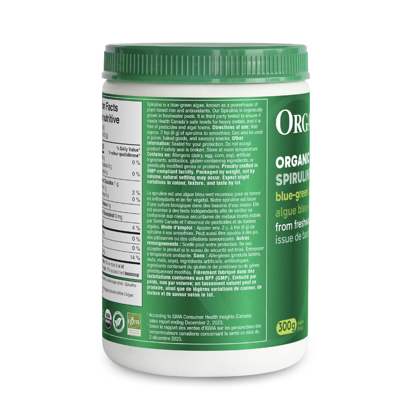 Organika Canadian-Made Certified Organic Spirulina Powder- Superfood, 3rd Party Tested, Pristine Sourcing, Vegan- 300g 🍁 All In One Marketplace Canada