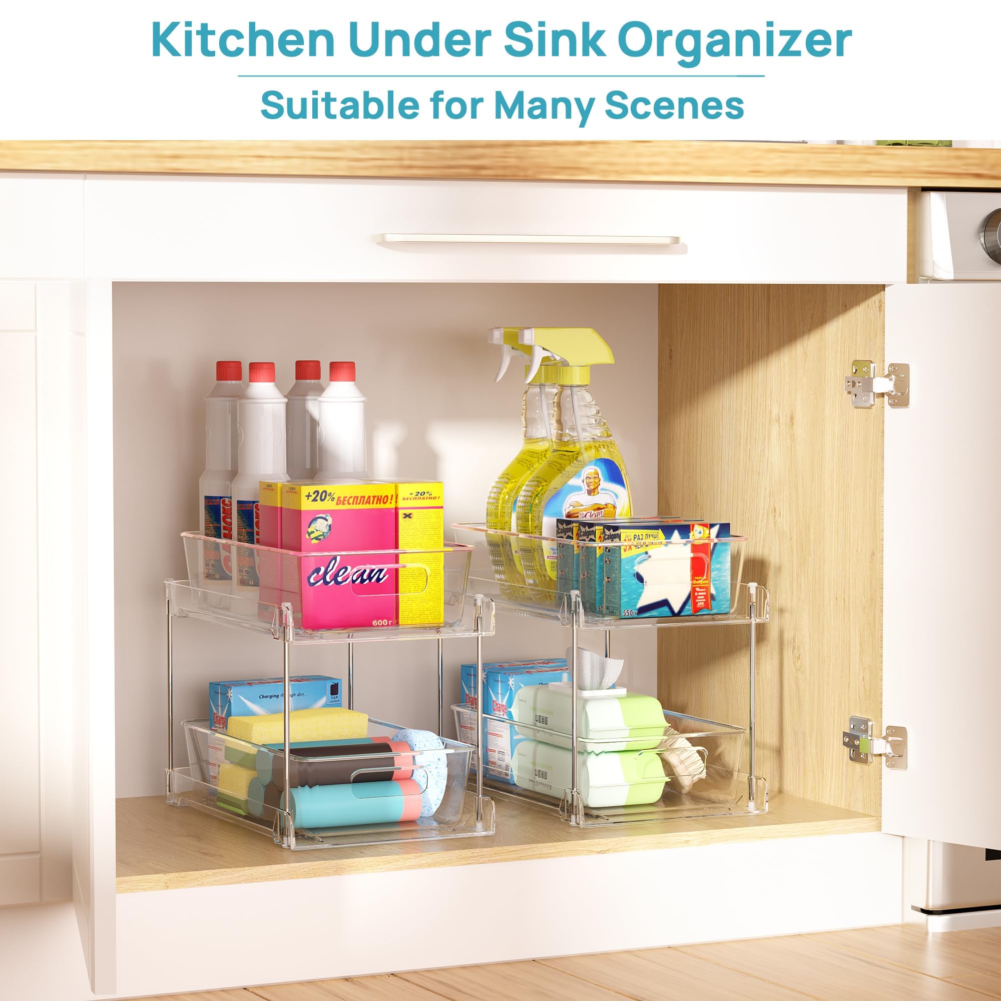 2 Tier Bathroom Storage Organizer, Vtopmart 4 Pack Clear Under Sink Organizers Vanity Counter Storage Container, Medicine Cabinet Drawers Bins, Pull-Out Organization with Track for Pantry, Kitchen 🍁 All In One Marketplace Canada
