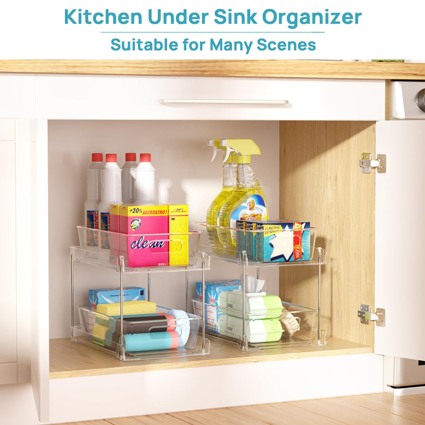 2 Tier Bathroom Storage Organizer, Vtopmart 4 Pack Clear Under Sink Organizers Vanity Counter Storage Container, Medicine Cabinet Drawers Bins, Pull-Out Organization with Track for Pantry, Kitchen 🍁 All In One Marketplace Canada