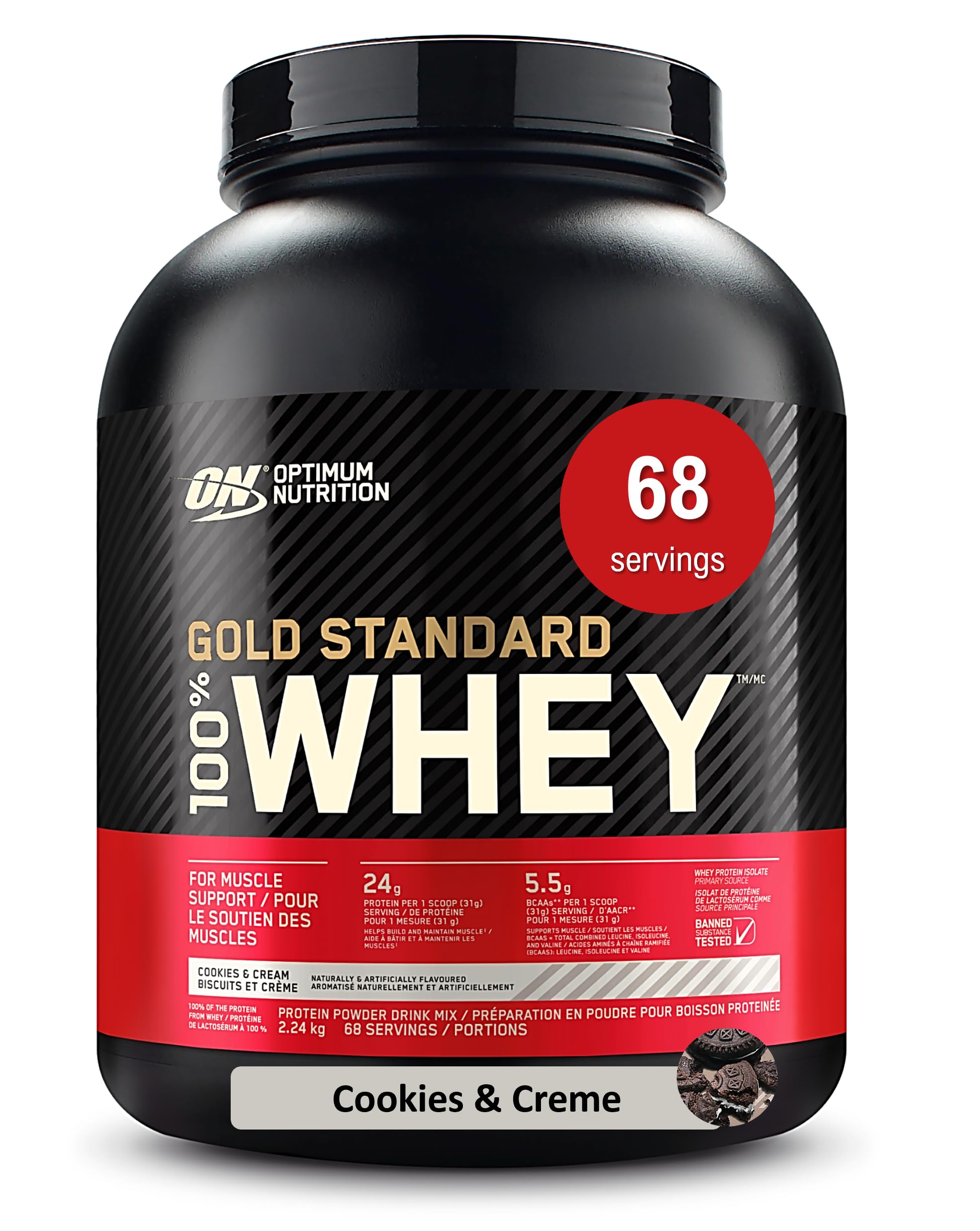 Optimum Nutrition Gold Standard 100% Whey Protein Powder, Cookies & Cream, 24 g Protein per Serving, 2.27 kg, 68 Servings (packaging may vary) 🍁 All In One Marketplace Canada