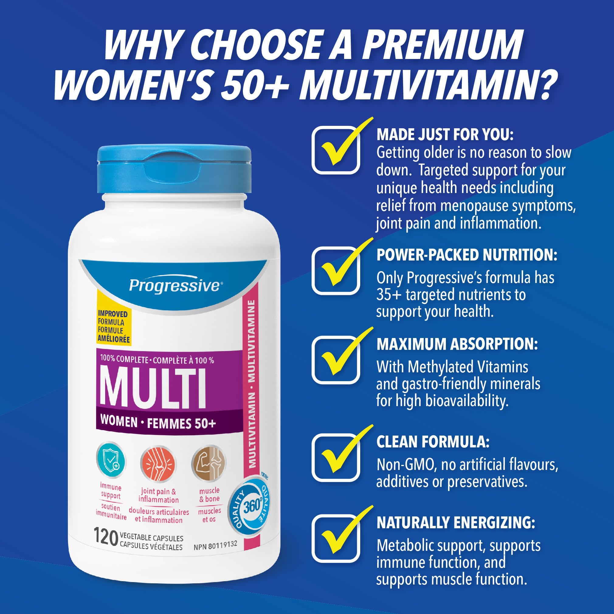 Progressive Advanced Multivitamin for Women 50+, with Black Cohosh, Chastetree, Maca, Turmeric, and CoQ10. Supports Menopause, Immunity, Heart Health, Joint Health, and Inflammation, 100% Complete, Canadian-Made, 120 Count 🍁 All In One Marketplace Canada