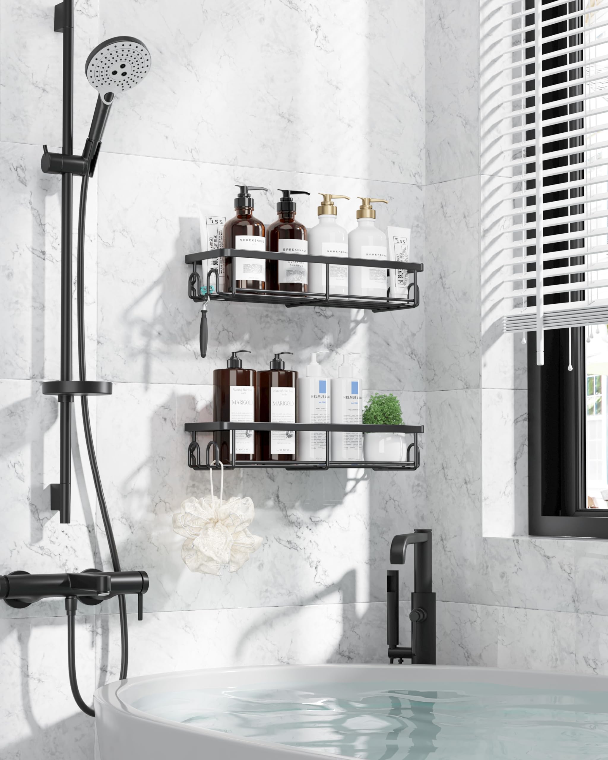 Kitsure Shower Caddy - 2 Pack Rustproof Stainless Steel Shower Organizer, No-Drill & Quick-Dry Shelves with Large Capacity, Durable Rack with 4 Hooks, Large, Black 🍁 All In One Marketplace Canada