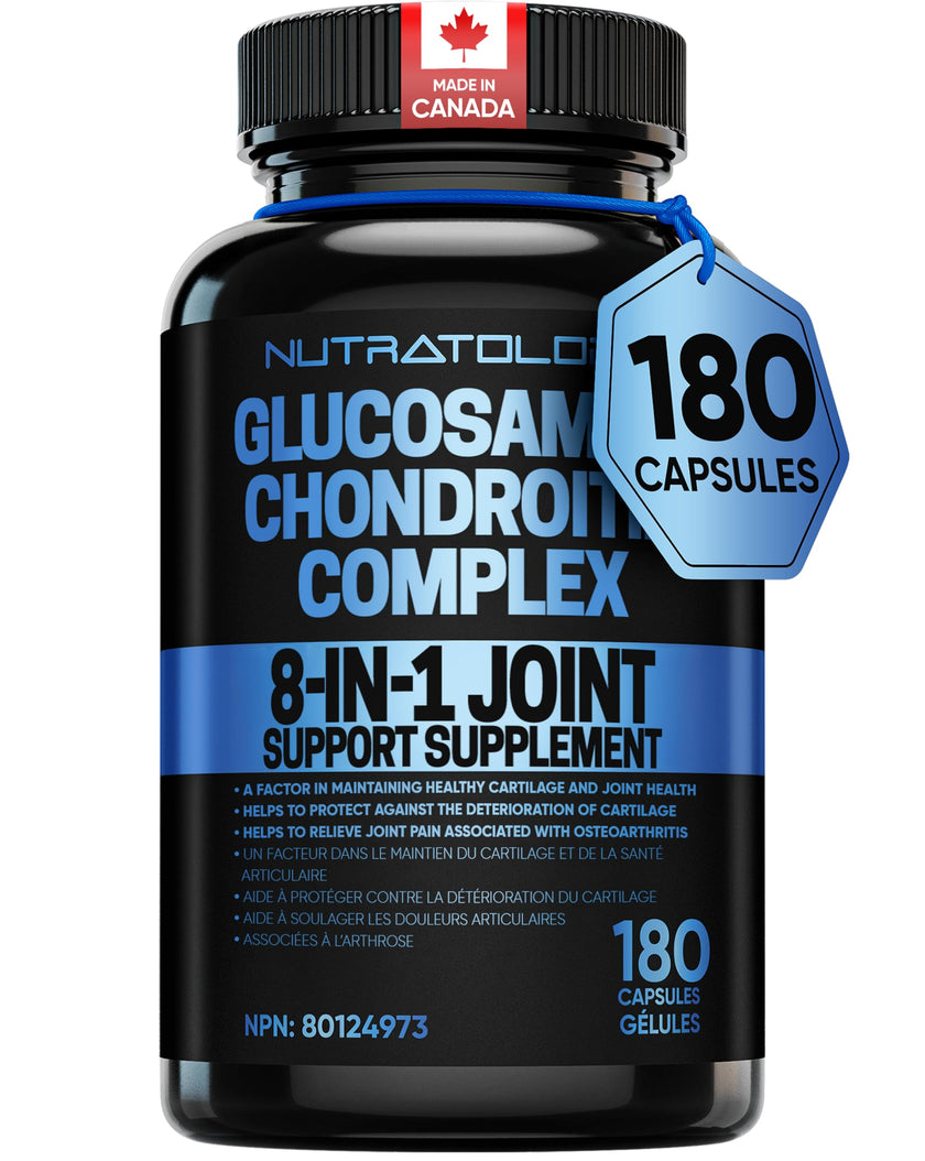 Nutratology® Glucosamine Joint Supplement with Chondroitin, MSM & Turmeric | Canadian-Made | Joint Pain Relief Supplements - 1500MG Glucosamine - Supports Healthy Joints & Cartilage - 180 Capsules 🍁 All In One Marketplace Canada