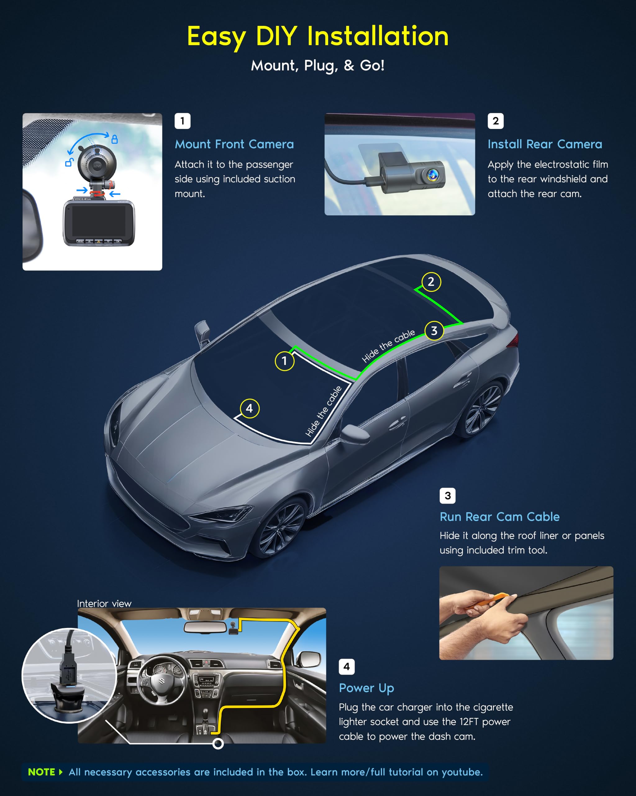 ROVE R2-4K DUAL Dash Cam Front and Rear, STARVIS 2 Sensor, FREE 128GB Card Included, 5G WiFi - up to 20MB/s Fastest Download Speed with App, 4K 2160P/FHD Dash Camera for Cars, 3