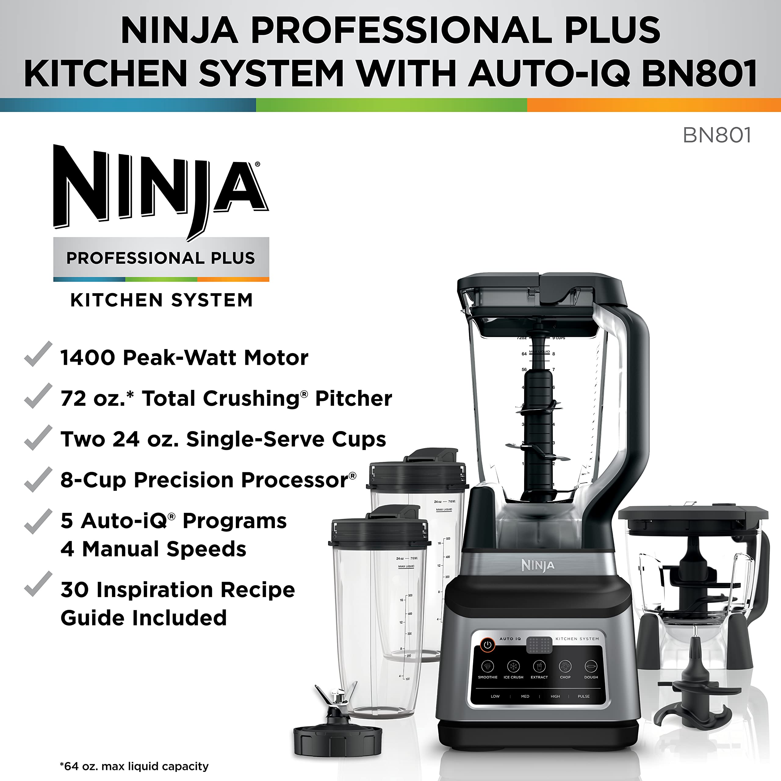 Ninja BN801C, Professional Plus Kitchen System With Auto-iQ, 72oz Pitcher, Black/Silver, 1400W (Canadian Version) 🍁 All In One Marketplace Canada