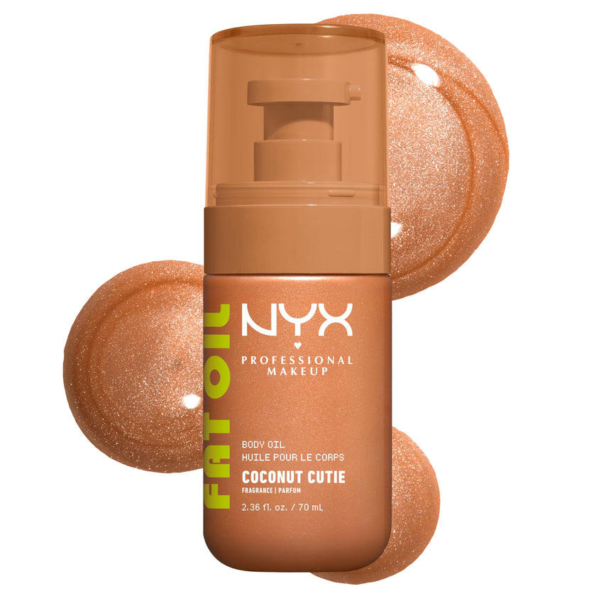 NYX Professional Makeup Fat Oil Body Oil, 24 HR Hydration, Gold Glowy Finish, Non-Sticky High-Shine Vegan Formula, Shimmering Luminous Skin, Coconut Cutie: Coconut & Peach Scent, 70 ml 🍁 All In One Marketplace Canada