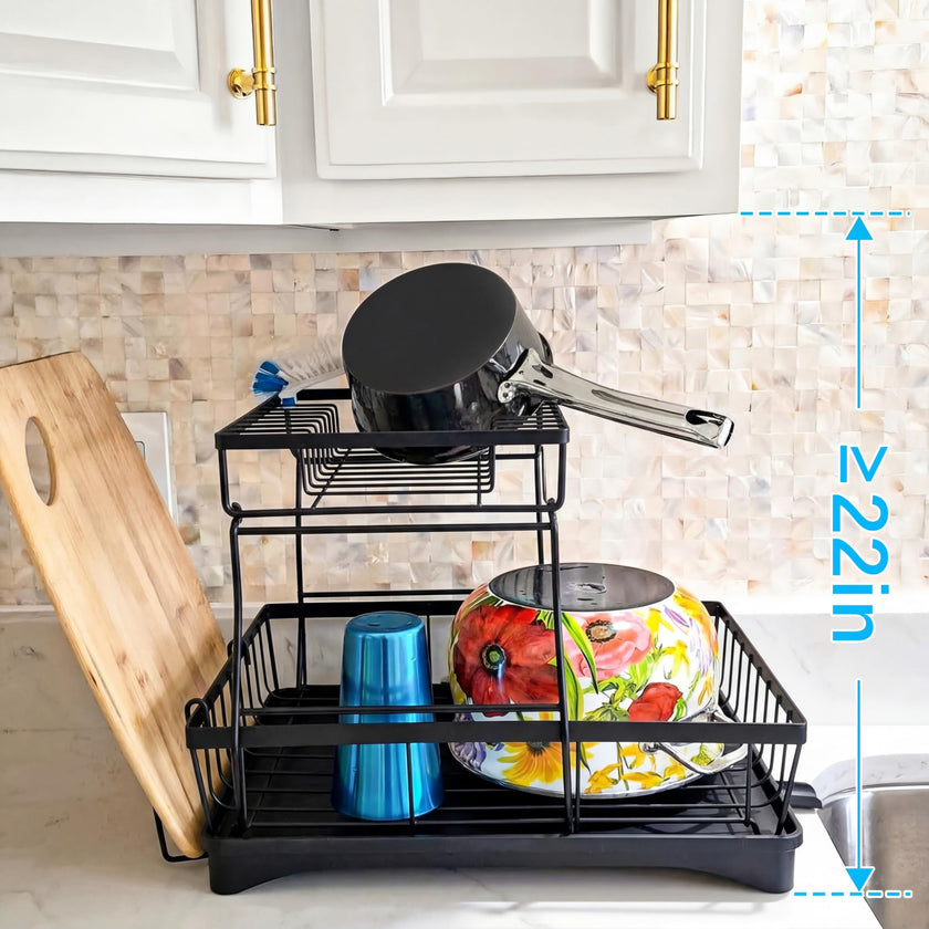7 code Large Dish Drying Rack for Kitchen Counter,Detachable Large Capacity Dish Drainer Organizer with Utensil Holder,2-Tier Dish Drying Rack with Drain Board,Black 🍁 All In One Marketplace Canada