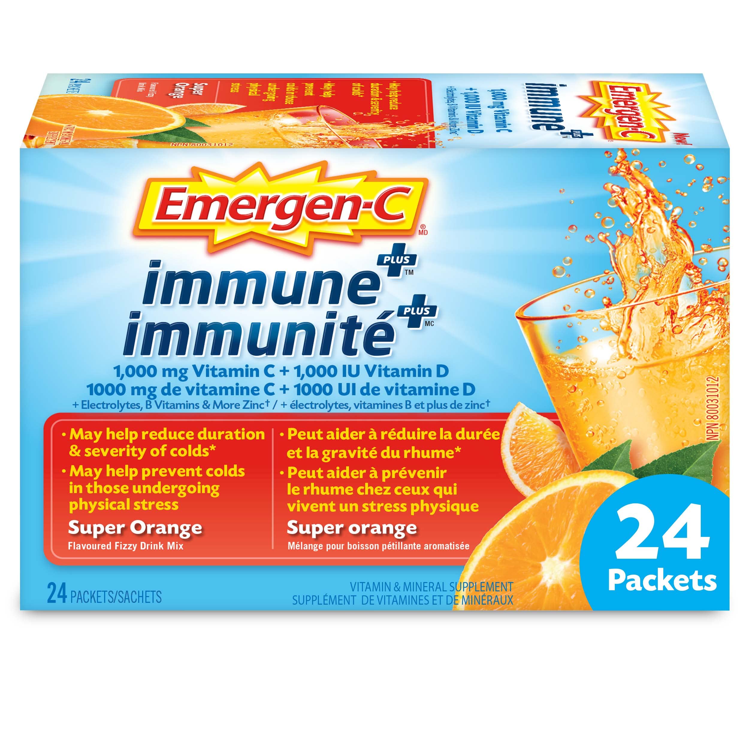 Emergen-C Immune+ 1000mg Vitamin C Powder Supplement, Drink Mix, Immune System Booster, Super Orange, 24 Packets 🍁 All In One Marketplace Canada
