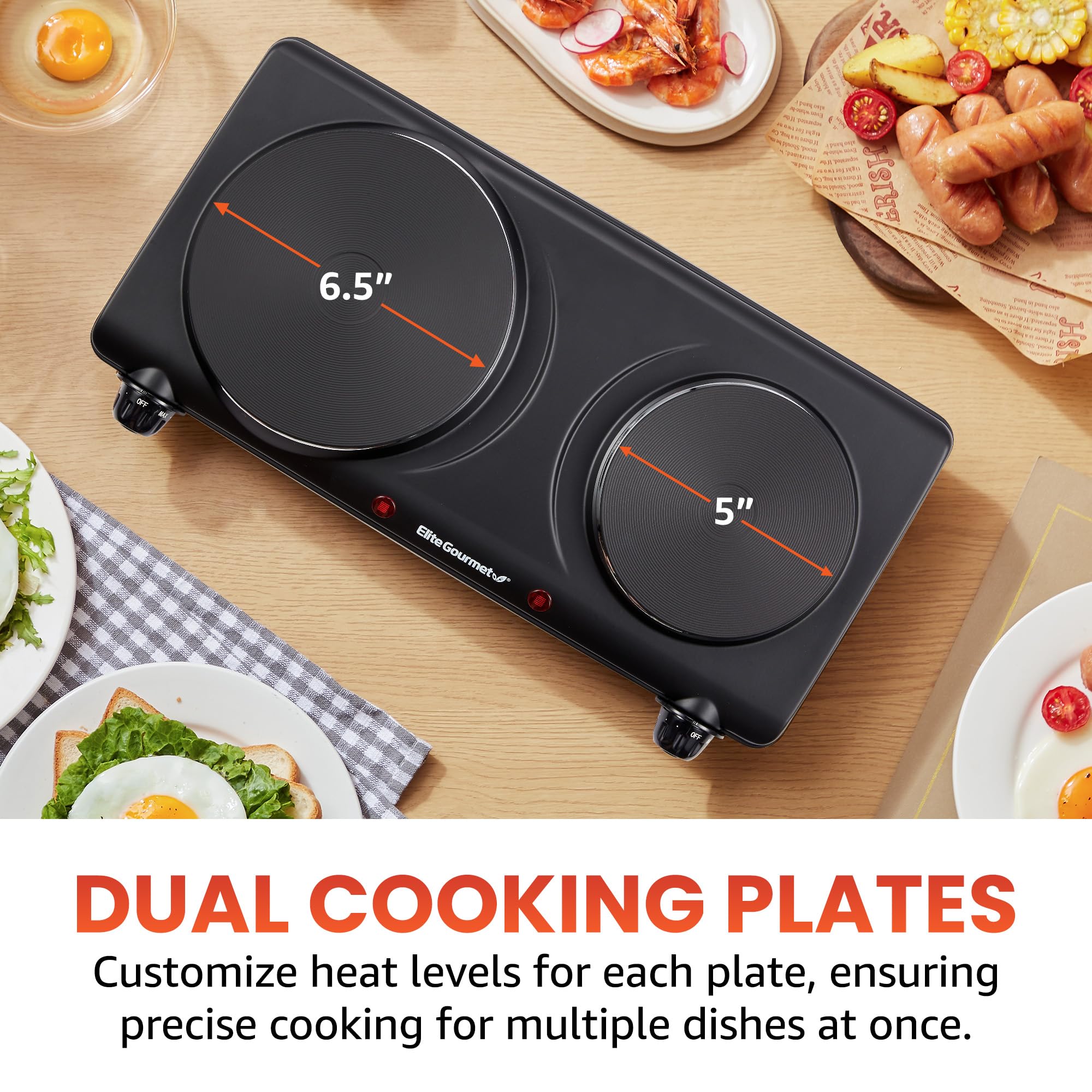 Elite Gourmet EDB-302BF# Countertop Double Cast Iron Burner, 1500 Watts Electric Hot Plate, Temperature Controls, Power Indicator Lights, Easy to Clean, Black 🍁 All In One Marketplace Canada