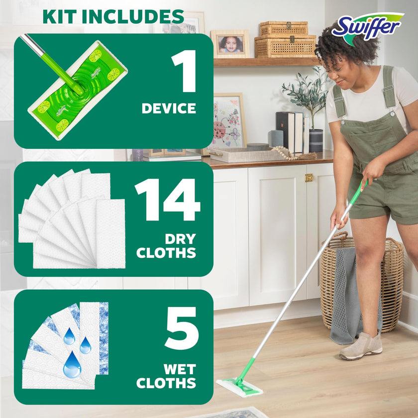 Swiffer Sweep + Mop, Broom & Mop Alternative, Dry & Wet Floor Cleaner for Dirt, Dust, Hair, All Purpose Cleaning Tool for Home, Bathroom, Kitchen, Set Includes 1 Sweeper, 14 Dry Pads, 5 Wet Pads Fresh 🍁 All In One Marketplace Canada