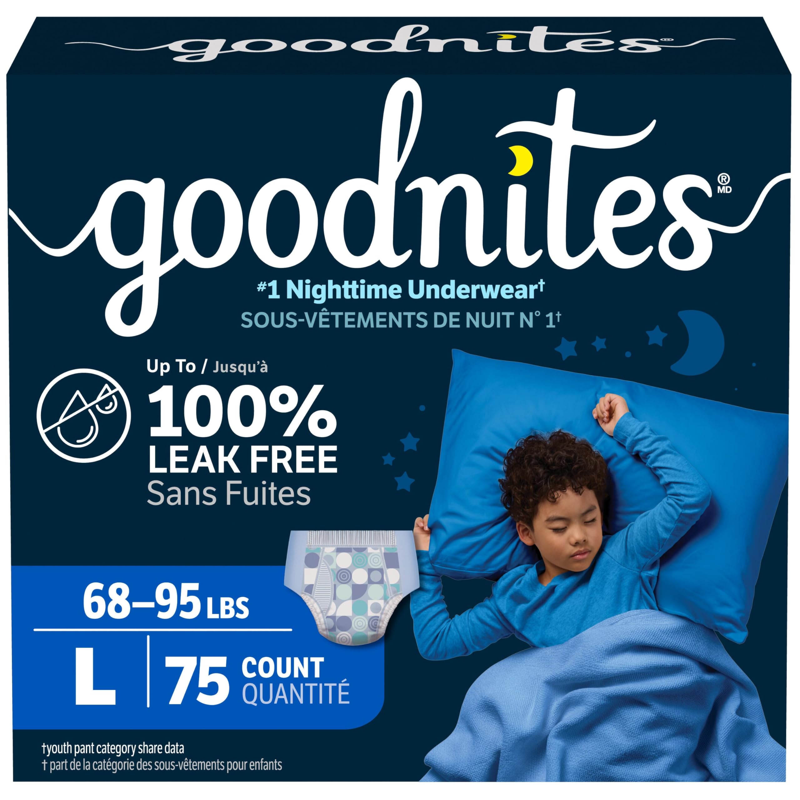 Goodnites Boys' Nighttime Bedwetting Underwear, Size Large (68-95 lbs), 75 Ct (3 Packs of 25), Packaging May Vary 🍁 All In One Marketplace Canada