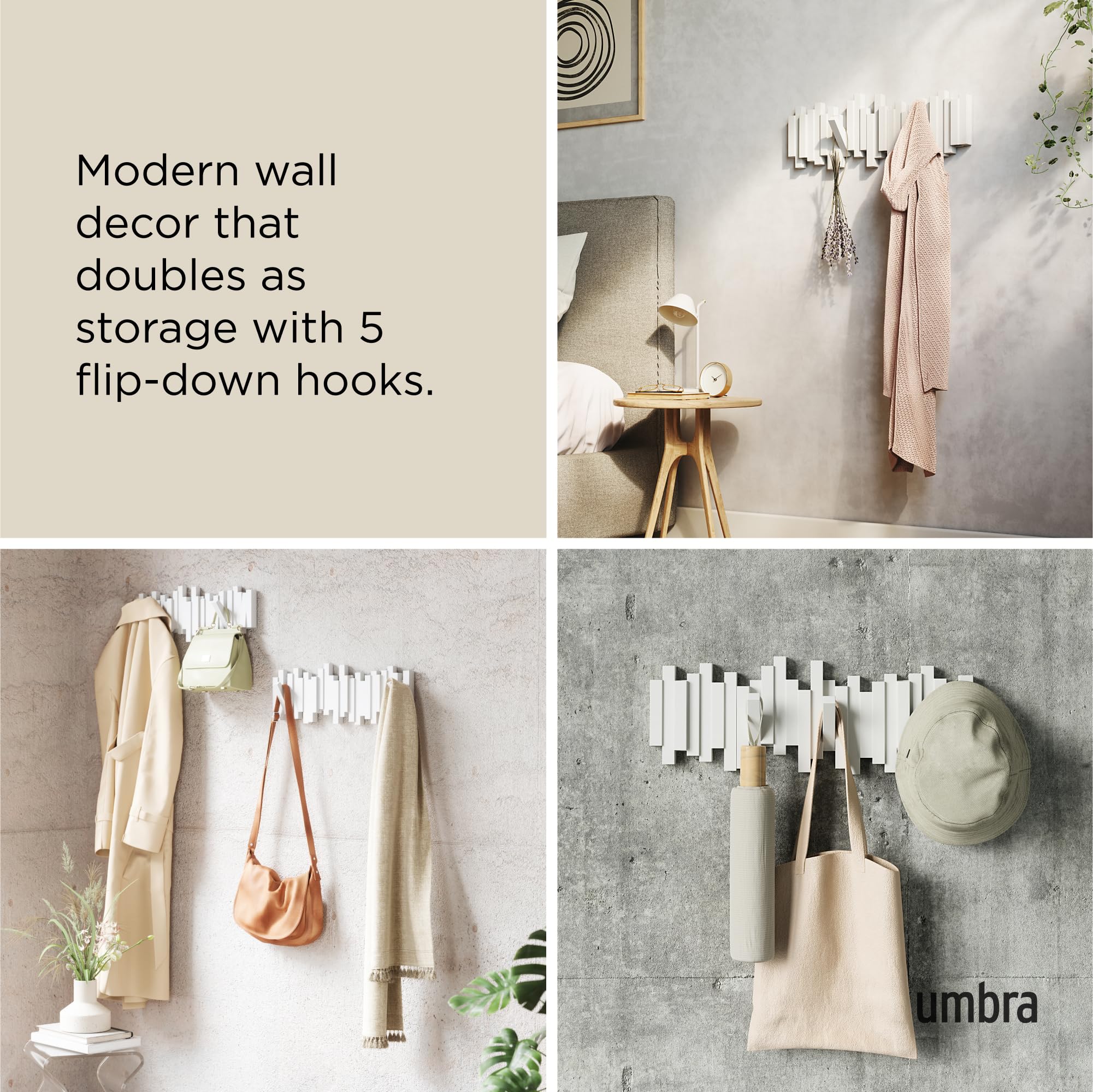 Umbra Sticks Wall-Mounted Coat Rack Rail Hook with 5 Retractable Pegs – Modern, Space-Saving Storage Organizer, White 🍁 All In One Marketplace Canada