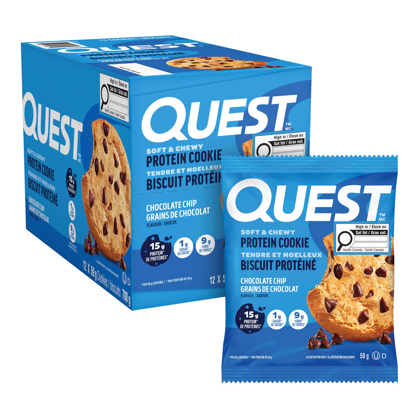 Quest Nutrition Chocolate Chip Protein Cookie, High Protein, High Fibre, Low Sugar, Keto Friendly, 15g Protein, 1g Sugar, 12ct 🍁 All In One Marketplace Canada