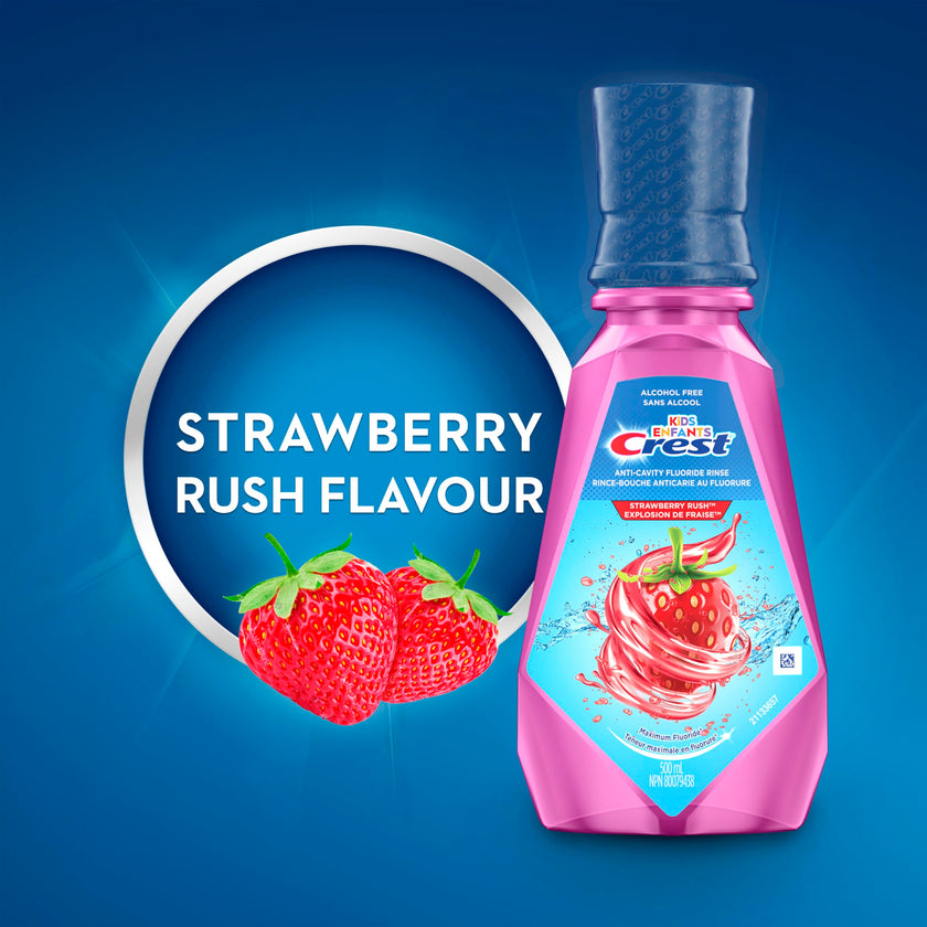 Crest Kid's Anticavity Fluoride Mouthwash, Strawberry Rush, Alcohol-Free Mouthwash for Kids 6+ to Protect Against Cavities, 4X500mL 🍁 All In One Marketplace Canada