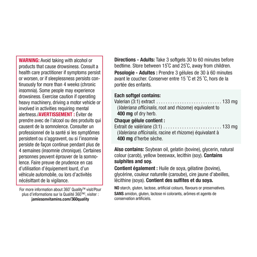 Jamieson Valerian 400 mg, Calming, Melatonin-Free, Natural Herbal-Based Sleep Aid, Reduces Nervousness and Restlessness. Gluten-Free, 60 Softgels, Proudly Canadian 🍁 All In One Marketplace Canada