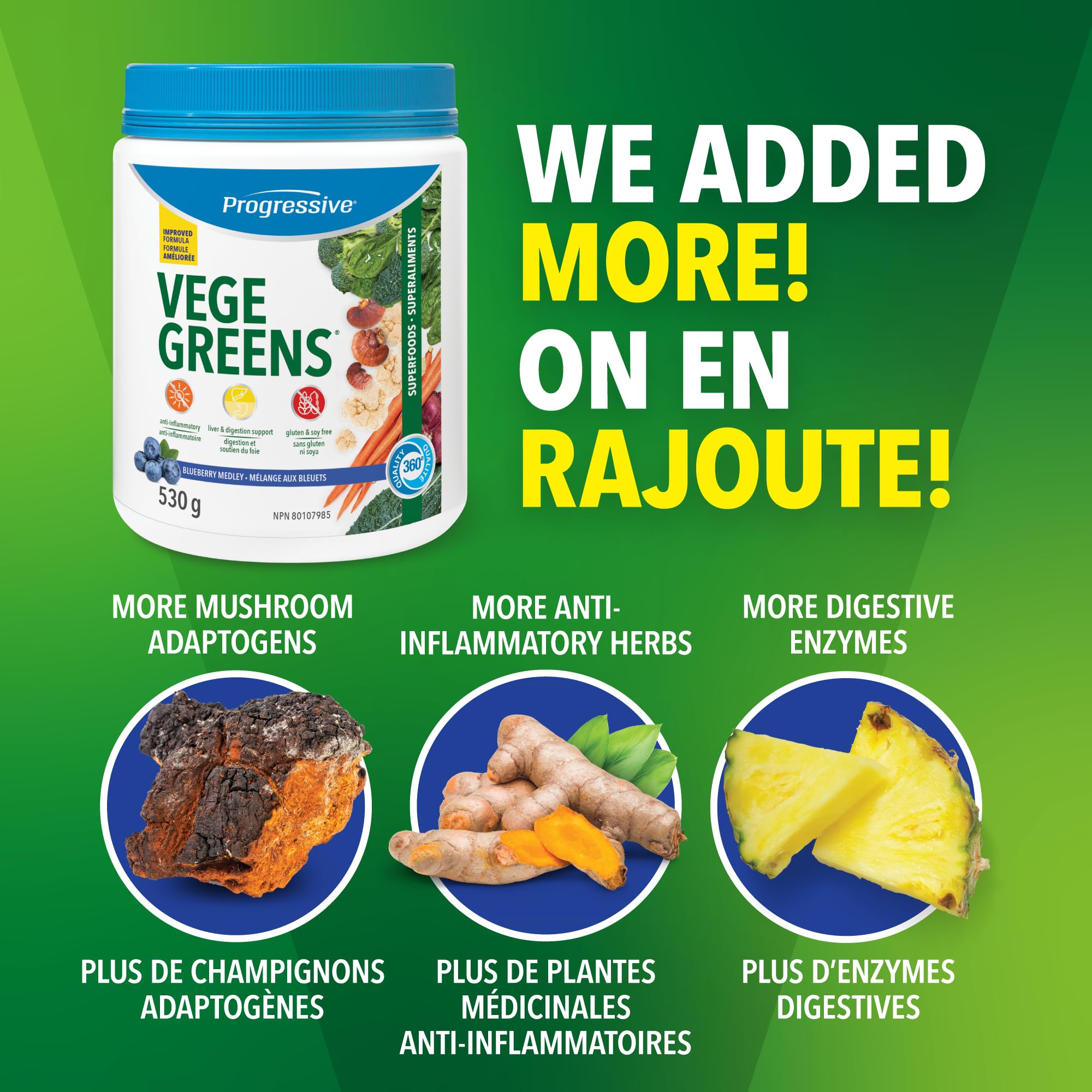 Progressive VegeGreens Blueberry Medley, Vegan Canadian-Made Superfoods + Daily Greens with 23 Whole Foods, Adaptogens, Anti-Inflammatory, Antioxidants & Digestive Support for Energy and Immunity, 530 g 🍁 All In One Marketplace Canada