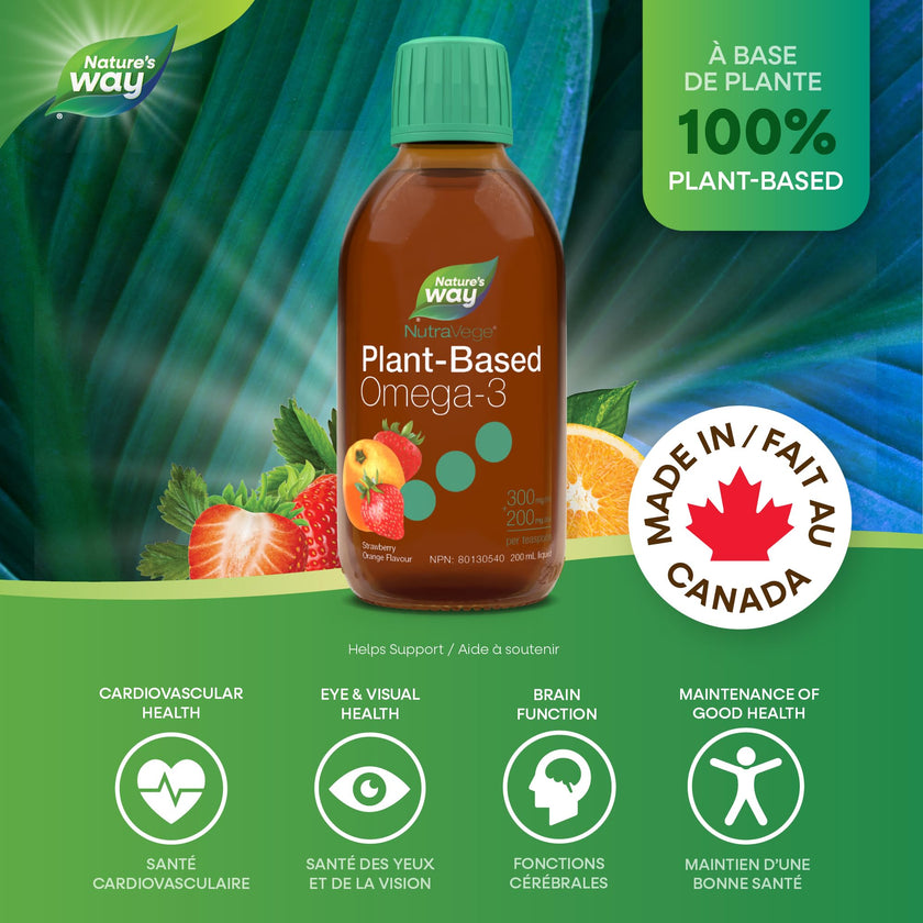 Nature's Way NutraVege Plant-Based Omega-3 – Vegetarian Liquid Omega-3 Supplement with 150mg EPA + 300mg DHA - Strawberry Orange Flavour – Support Heart, Eyes and Brain Function in Adults, 200ml 🍁 All In One Marketplace Canada