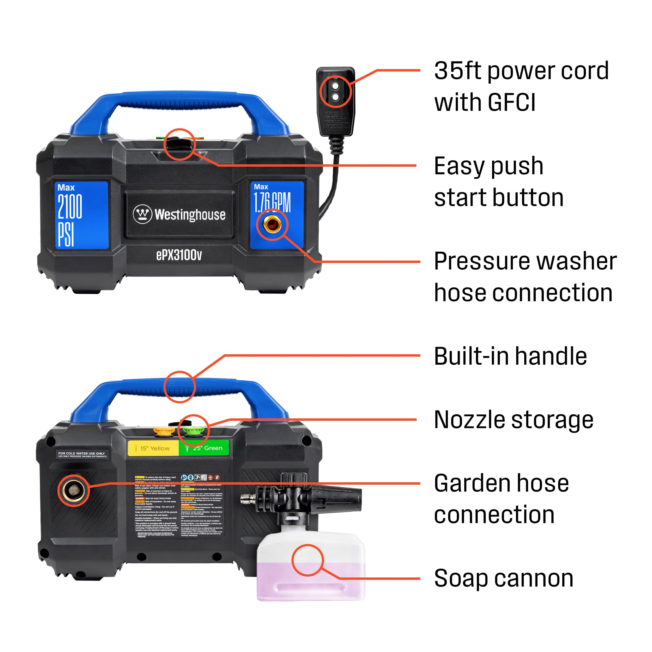 Westinghouse ePX3100v Electric Pressure Washer, 2100 Max PSI 1.76 Max GPM, Built-in Carry Handle, Detachable Foam Cannon, Pro-Style Steel Wand, 3-Nozzle Set, for Cars/Fences/Driveways/Home/Patios 🍁 All In One Marketplace Canada