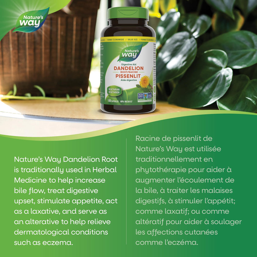 Nature's Way Dandelion Root - Digestion Supplement – Diuretic Laxative - Non-GMO Verified - 180 Vegetarian Capsules, Value Size 🍁 All In One Marketplace Canada