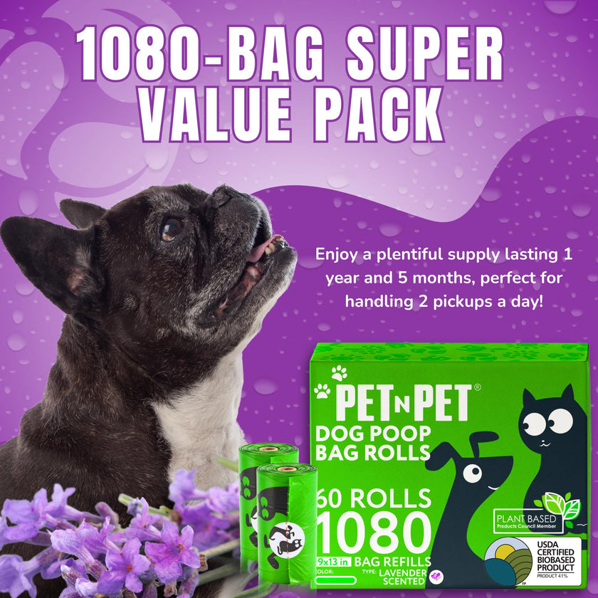 Pet N Pet Dog Poop Bags - USDA Certified 41% Plant-Based Doggy Poop Bags - Leak-Proof Sac Caca Chien Refill Rolls (1080 Count, Lavender Scented, Green) 🍁 All In One Marketplace Canada