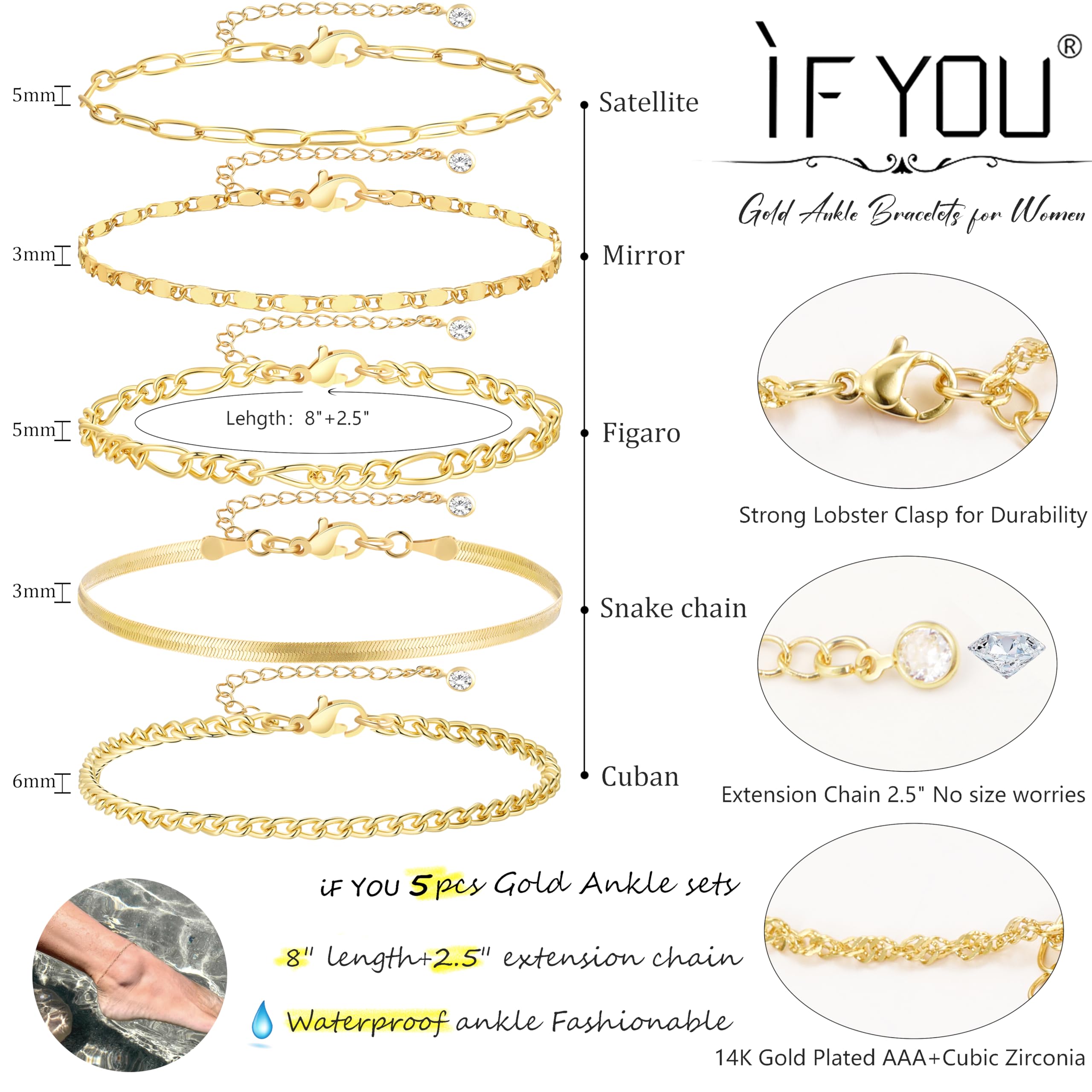 Gold Ankle Bracelets for Women, 14k Gold Plated Waterproof Cuban Link Chain Anklets Set, Layered Anklet Bracelets for Women Beach Gift Adjustable Size 5pc (GOLD-1) 🍁 All In One Marketplace Canada