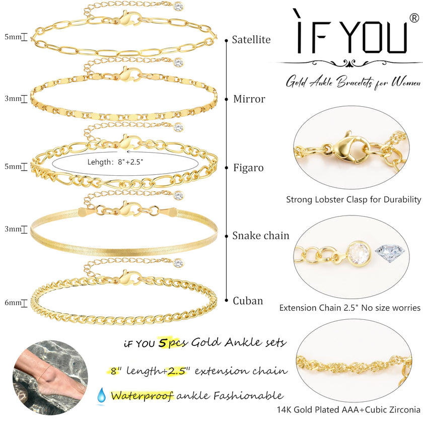 Gold Ankle Bracelets for Women, 14k Gold Plated Waterproof Cuban Link Chain Anklets Set, Layered Anklet Bracelets for Women Beach Gift Adjustable Size 5pc (GOLD-1) 🍁 All In One Marketplace Canada