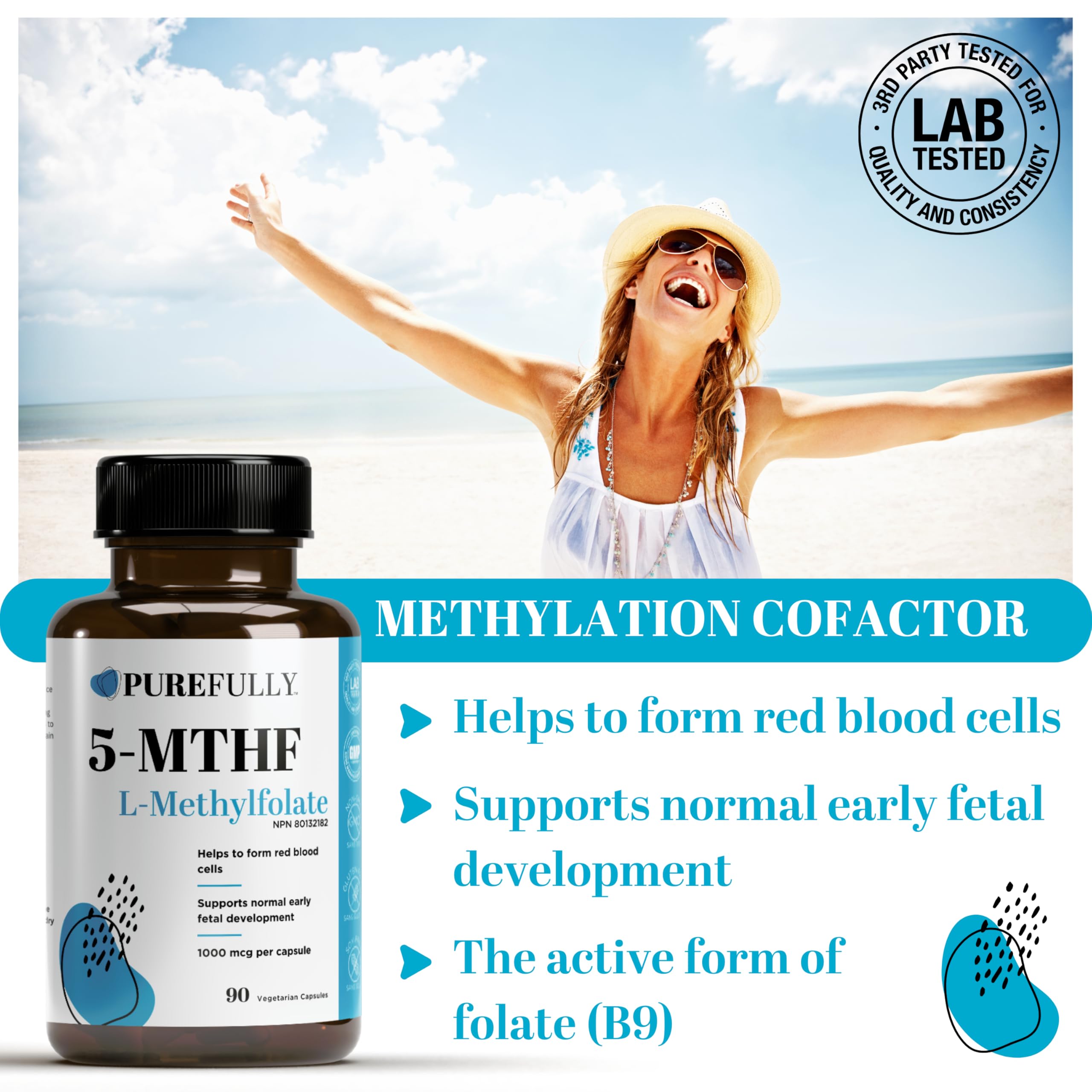 PUREFULLY 5-MTHF 1000mcg, 90 Capsules - L Methylfolate (Active Form of Vitamin B9 Folate) Supplement - Supports Cardiovascular Health and Early Fetal Development 🍁 All In One Marketplace Canada