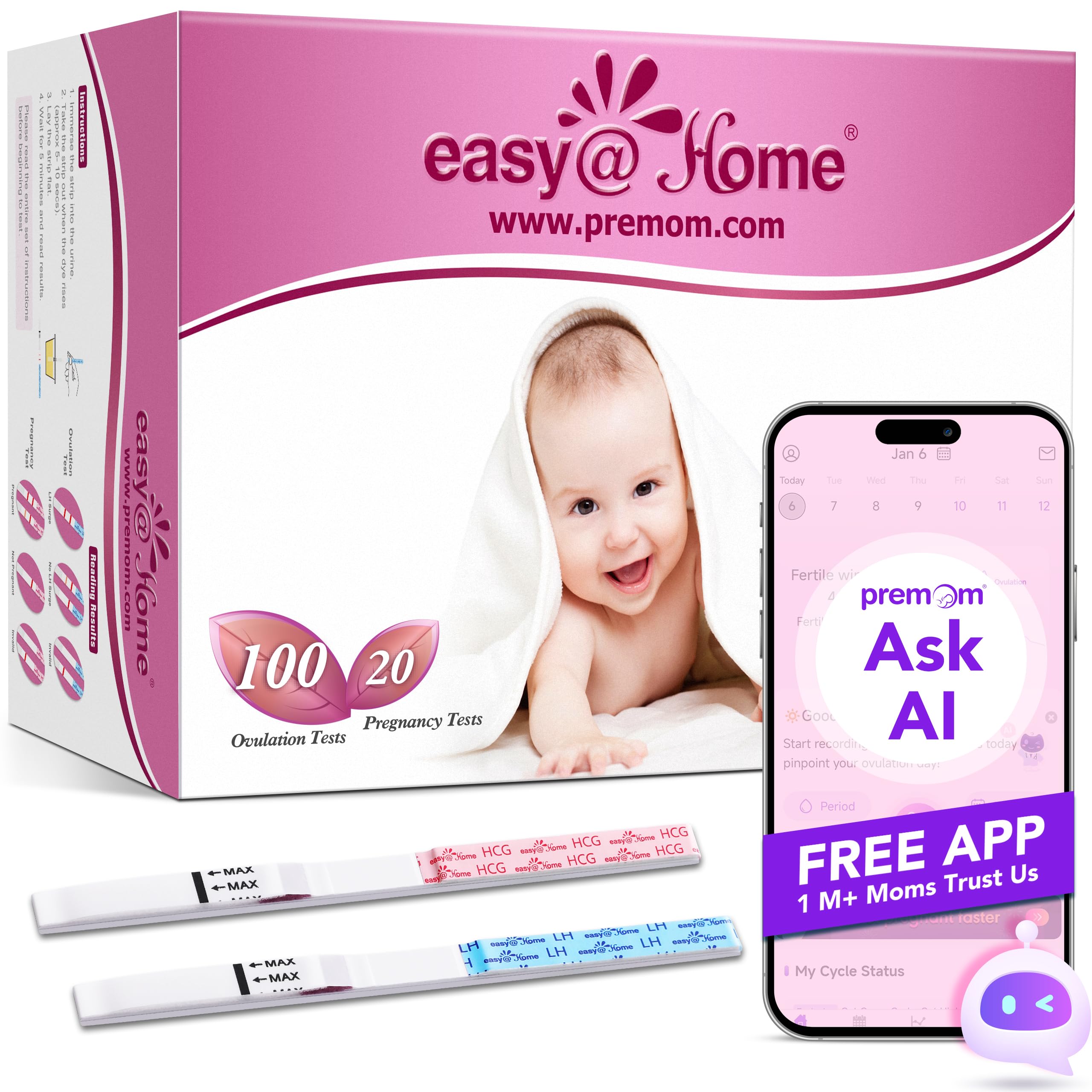 Easy@Home 100 Ovulation & 20 Pregnancy Test Strips Kit: Accurate Fertility Tests - Powered by Premom App OPK | 100 LH + 20 HCG 🍁 All In One Marketplace Canada