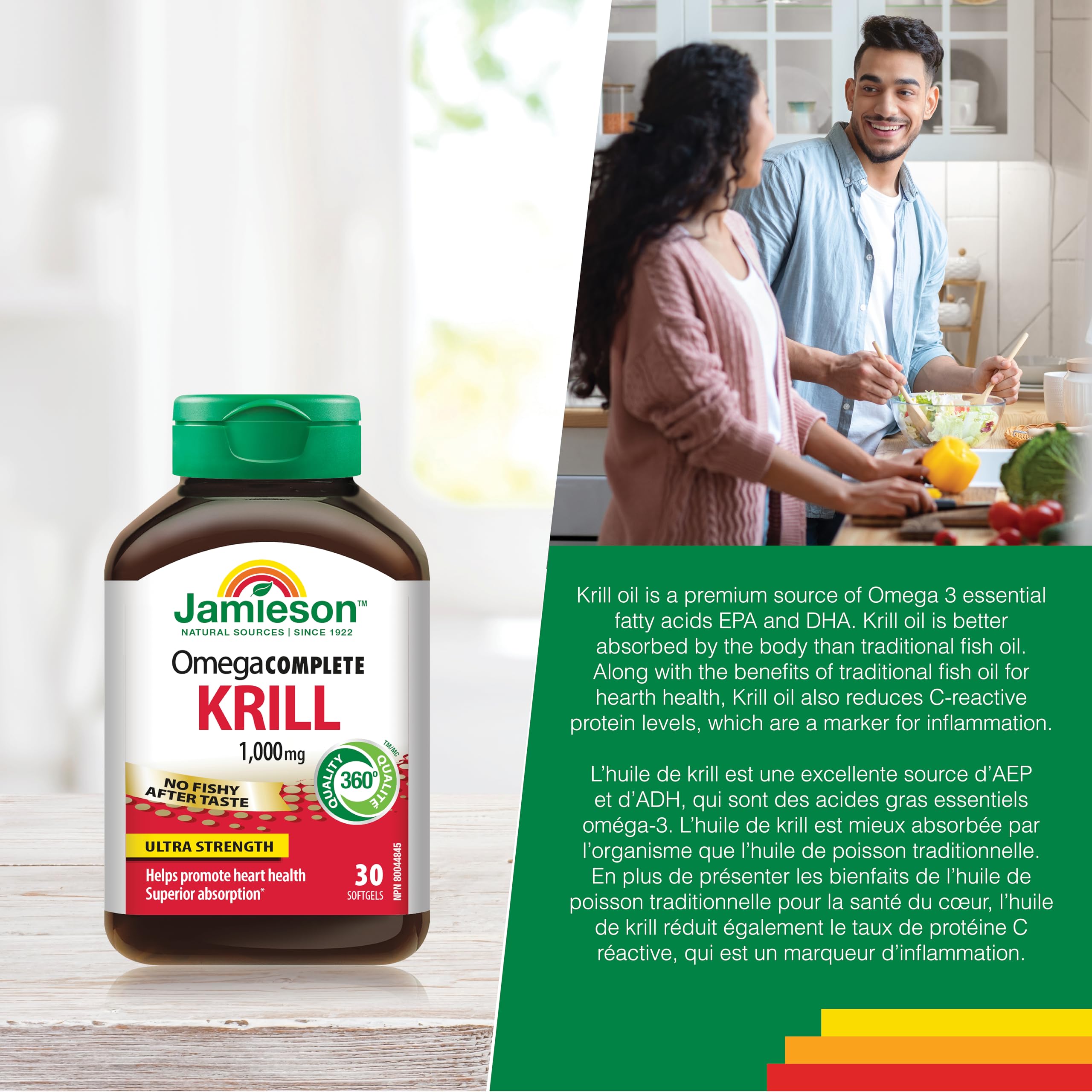 Jamieson Omega Complete Pure Krill Oil, 1000 mg, 30 Softgels, No Fishy Aftertaste, Supports Heart Health, High Potency, Provides Superior Absorption. With Antarctic Krill Oil, Proudly Canadian 🍁 All In One Marketplace Canada