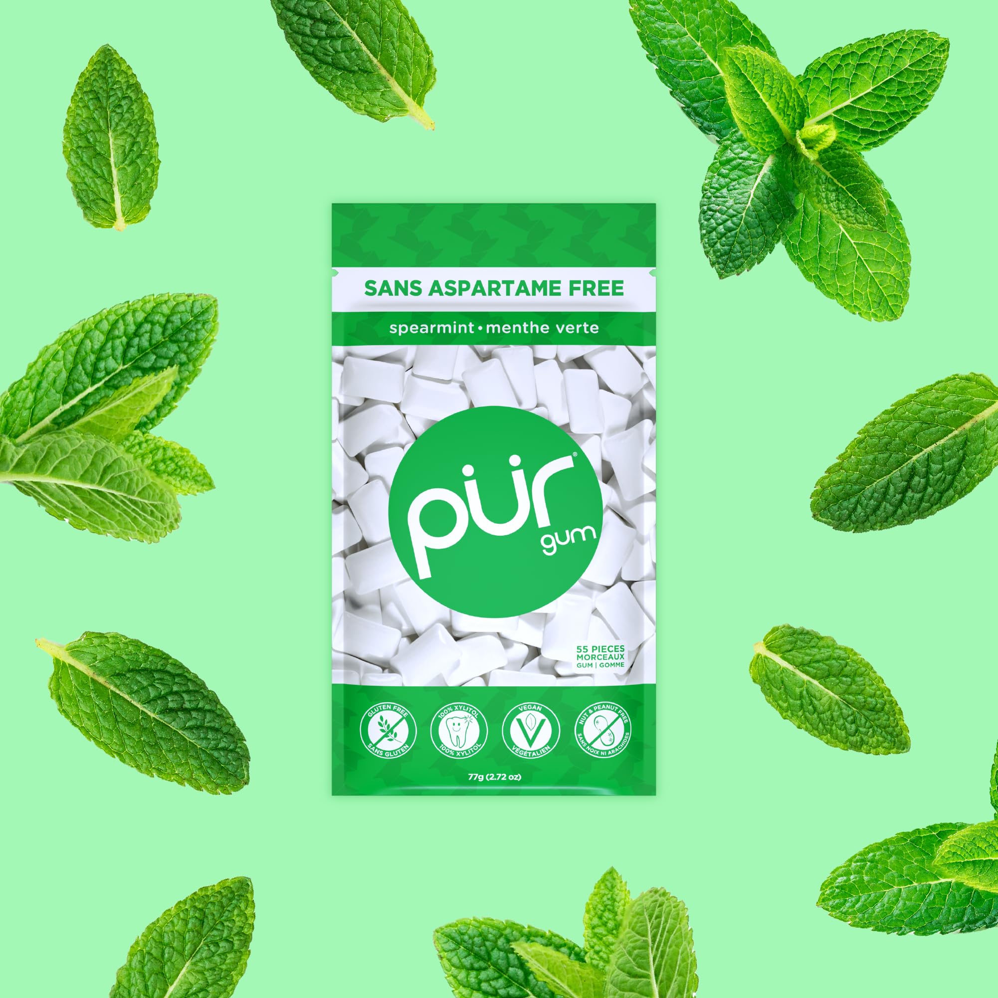 PUR Gum | Aspartame Free Chewing Gum | 100% Xylitol | Natural Spearmint Flavoured Gum, 55 Pieces (Pack of 6) 🍁 All In One Marketplace Canada