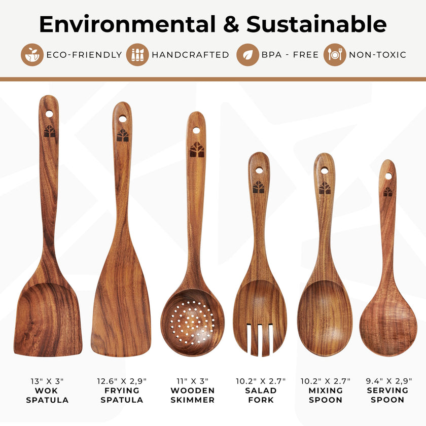 Wooden Spoons for Cooking – Wooden Kitchen Utensils Set, 6 Pcs Teak Wood Utensil Set – Comfortable Grip Non–Stick Wooden Cooking Utensils 🍁 All In One Marketplace Canada